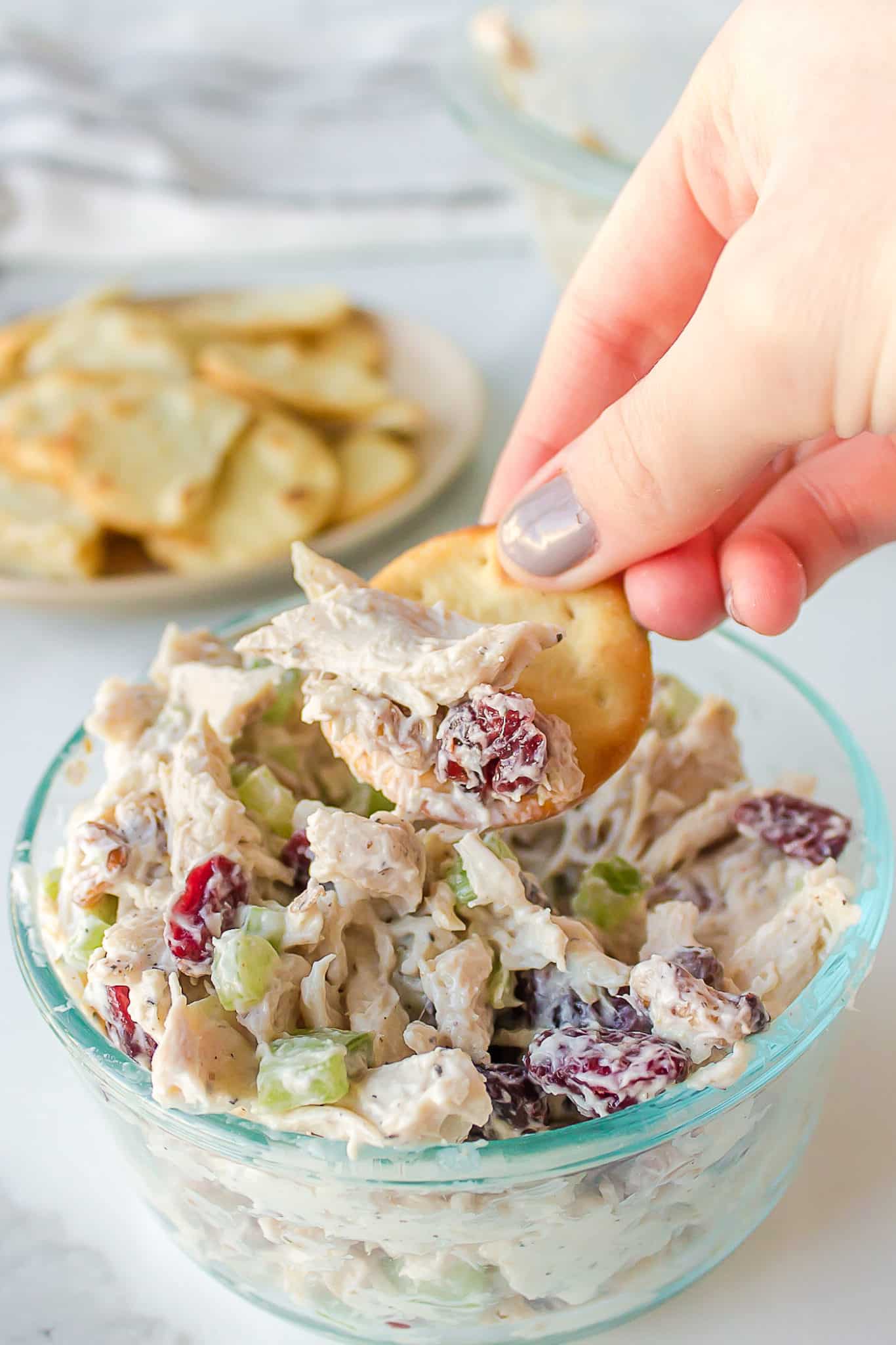 a cracker with cranberry chicken salad on it.