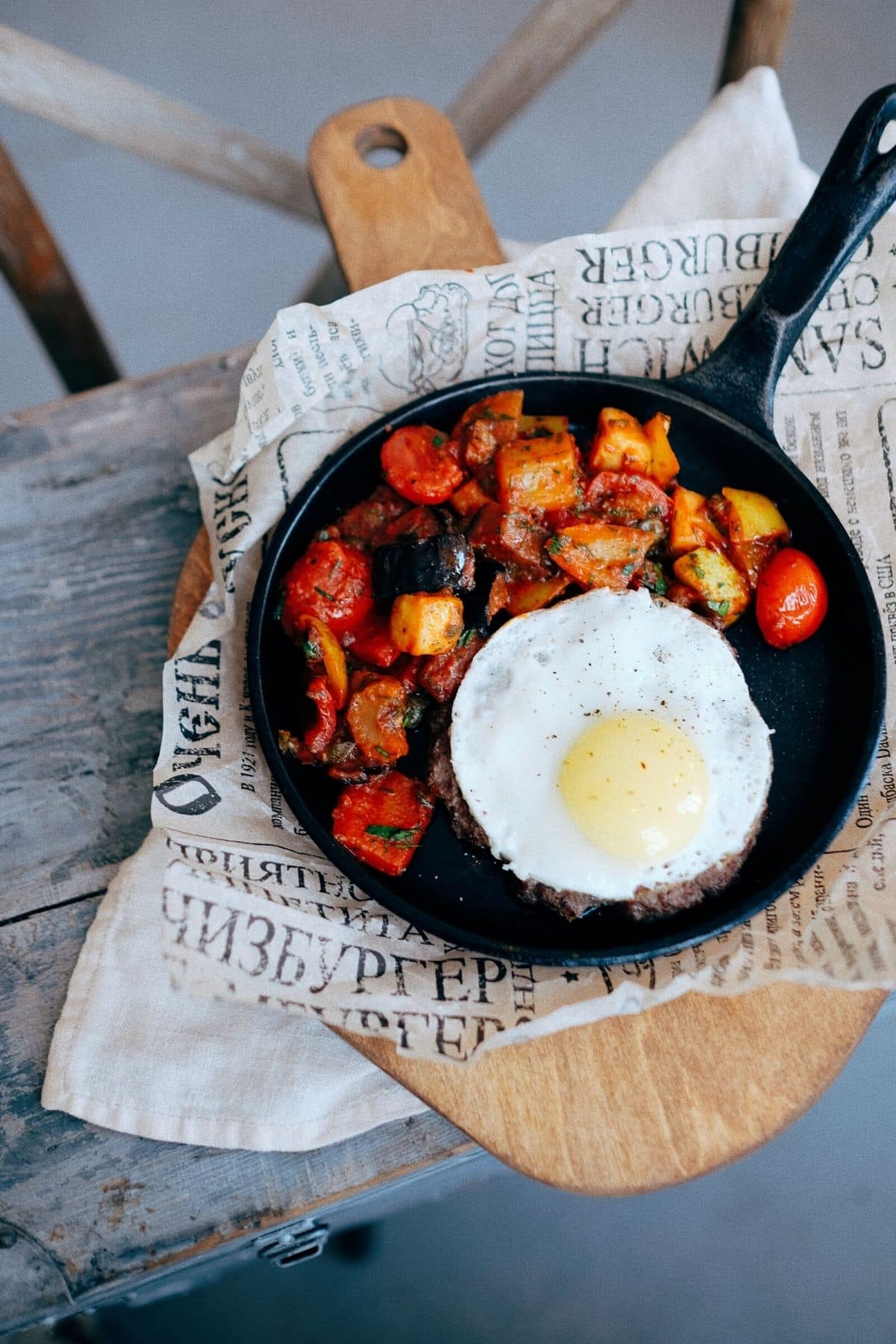 eggs cooked in a cast iron skillet
