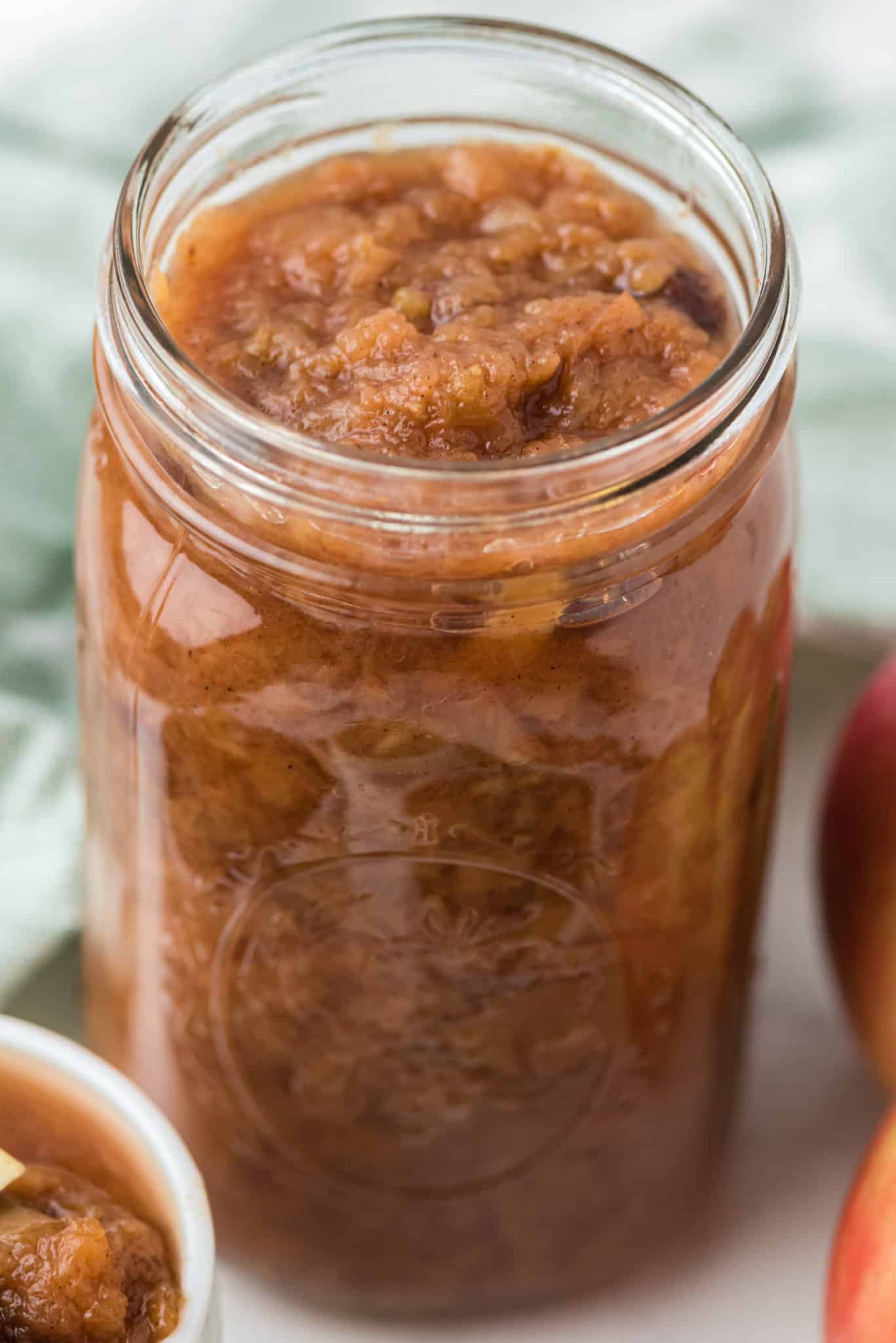jar of applesauce on counter.