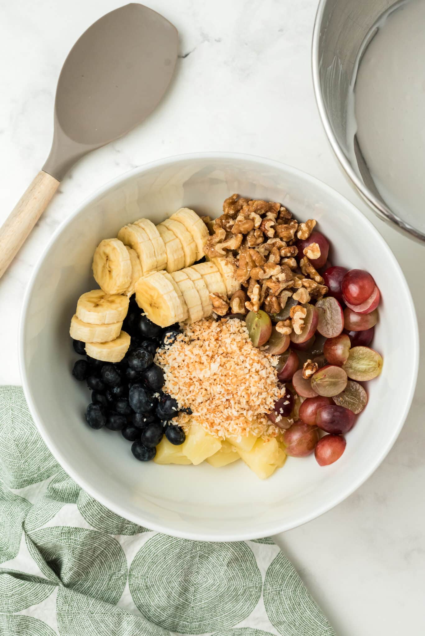 ambrosia salad ingredients ready for dressing.