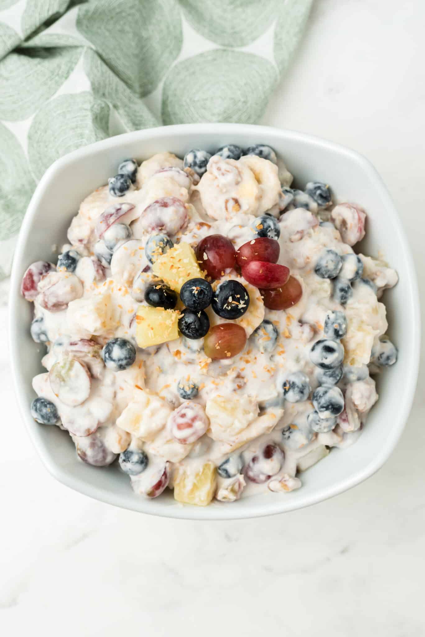 vegan ambrosia salad in serving bowl.