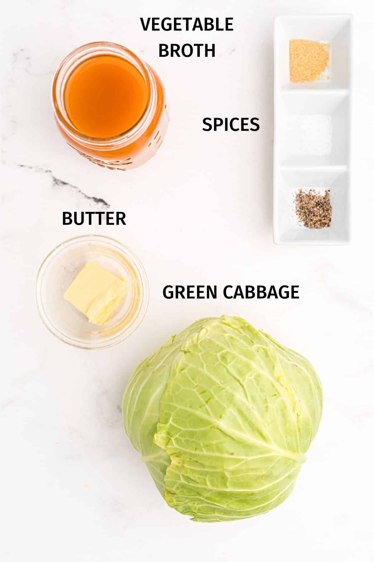 ingredients for crockpot cabbage with labels.