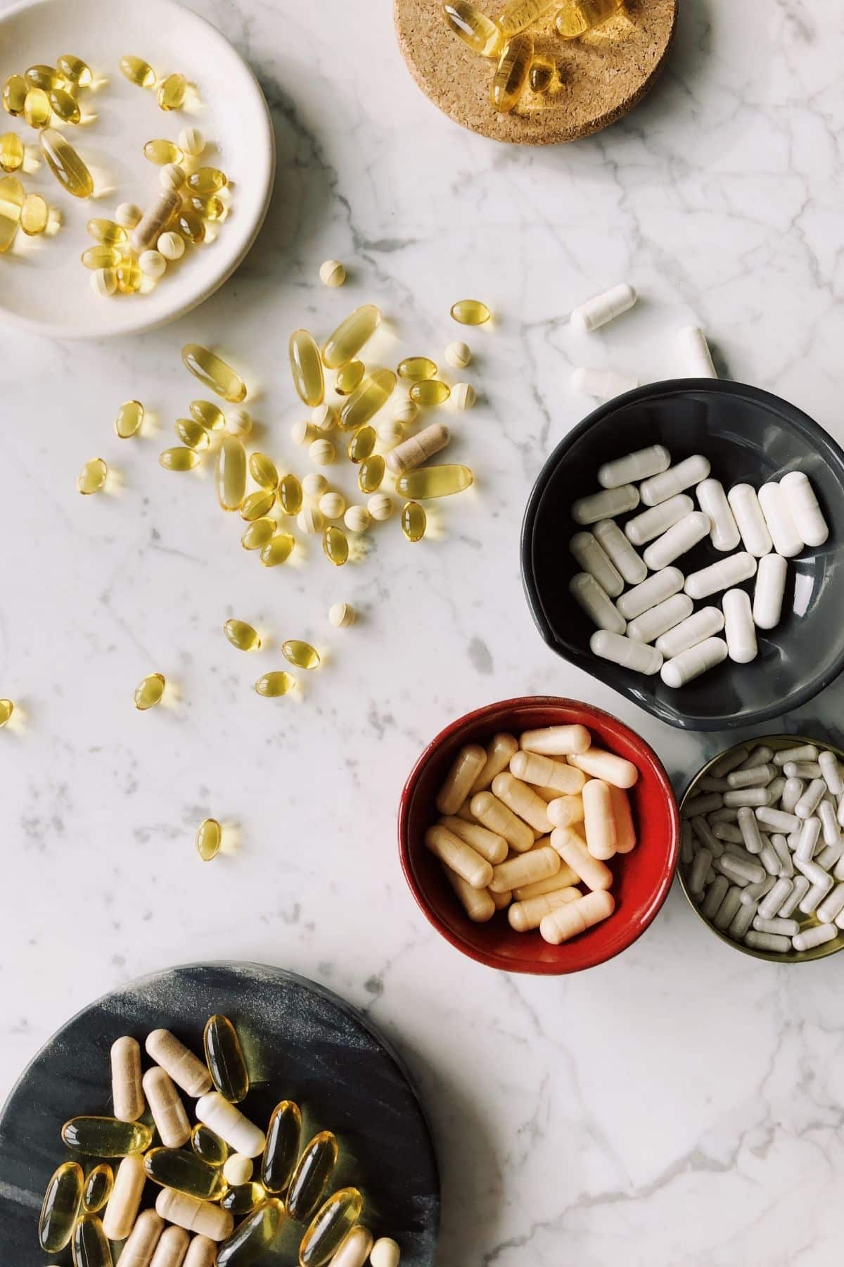 bowls of supplements.