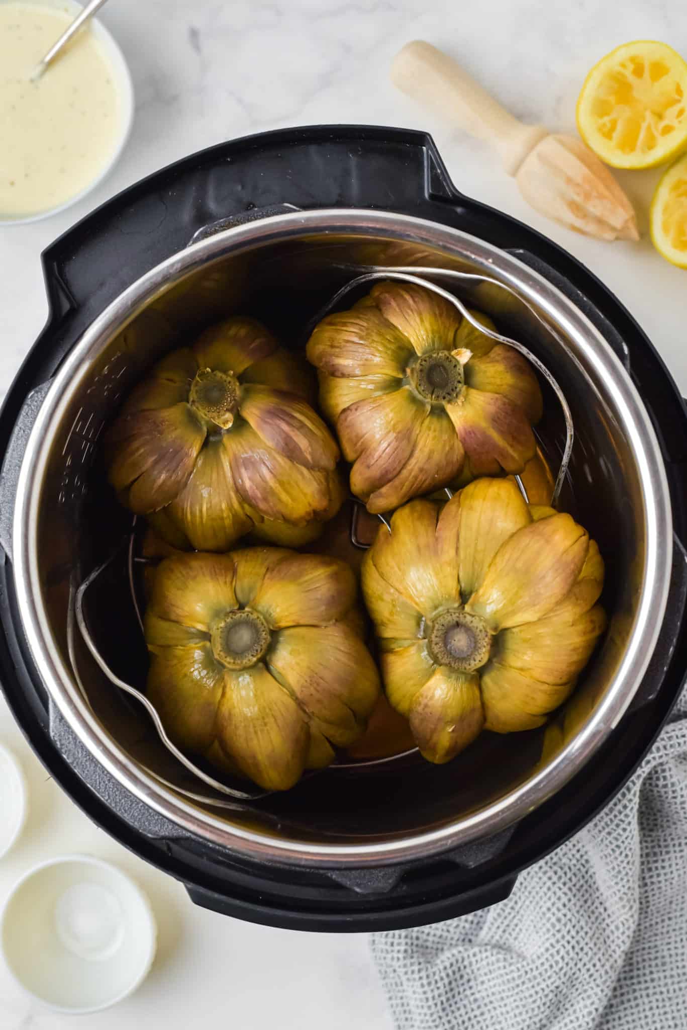 cooked artichokes inside instant pot.