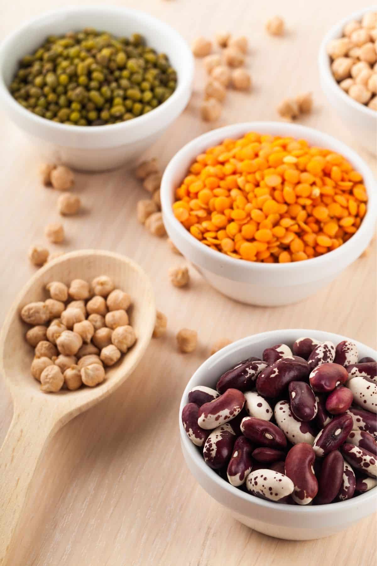 beans and peas on a table.