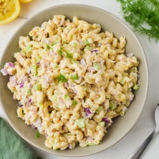 a bowl of tuna pasta salad