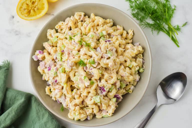 a bowl of tuna pasta salad