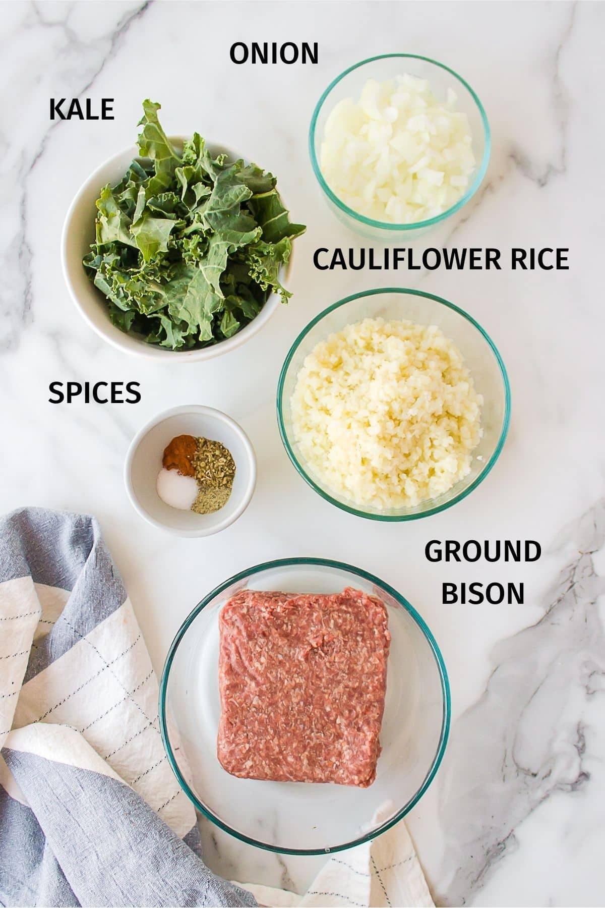 ingredients for ground bison and cauliflower bowl