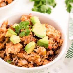 a bowl of chicken and rice with avocado.