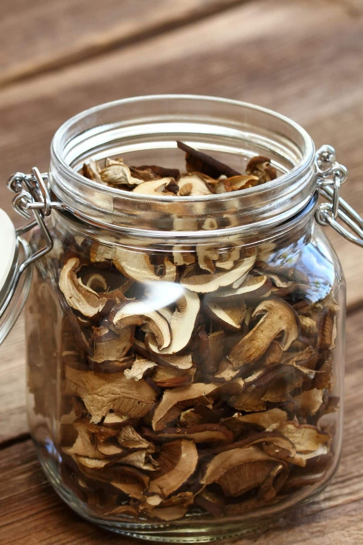 a jar of dried mushrooms.