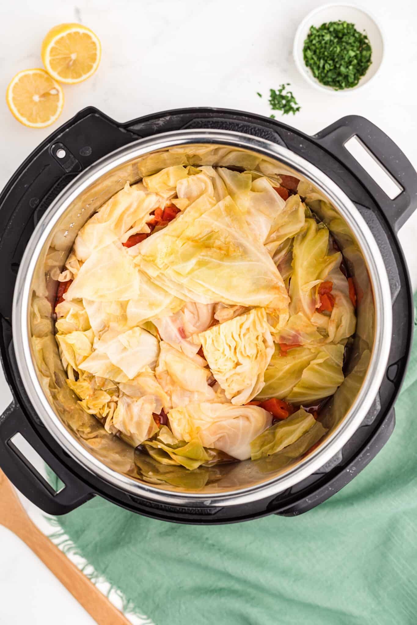 cooked cabbage soup inside instant pot.