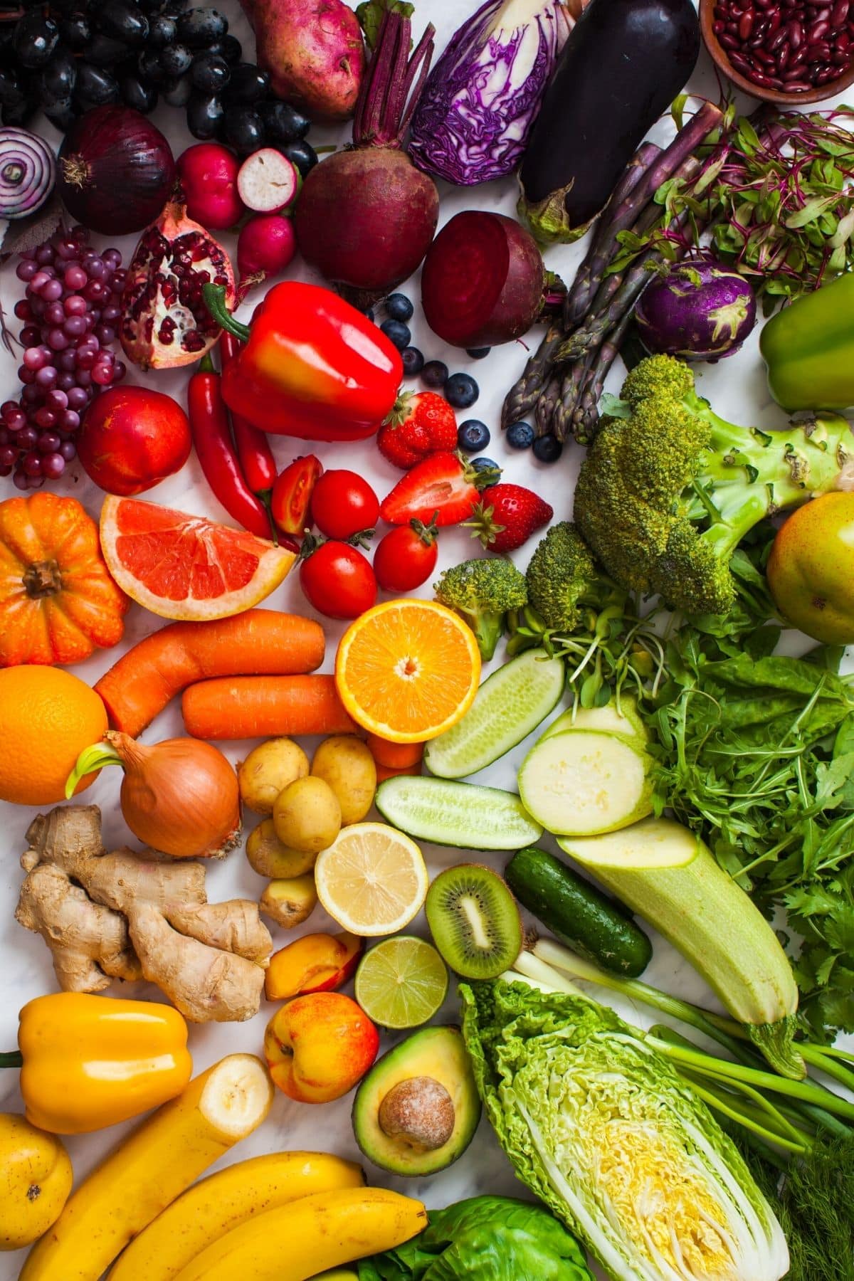 rainbow of healthy foods on a table.