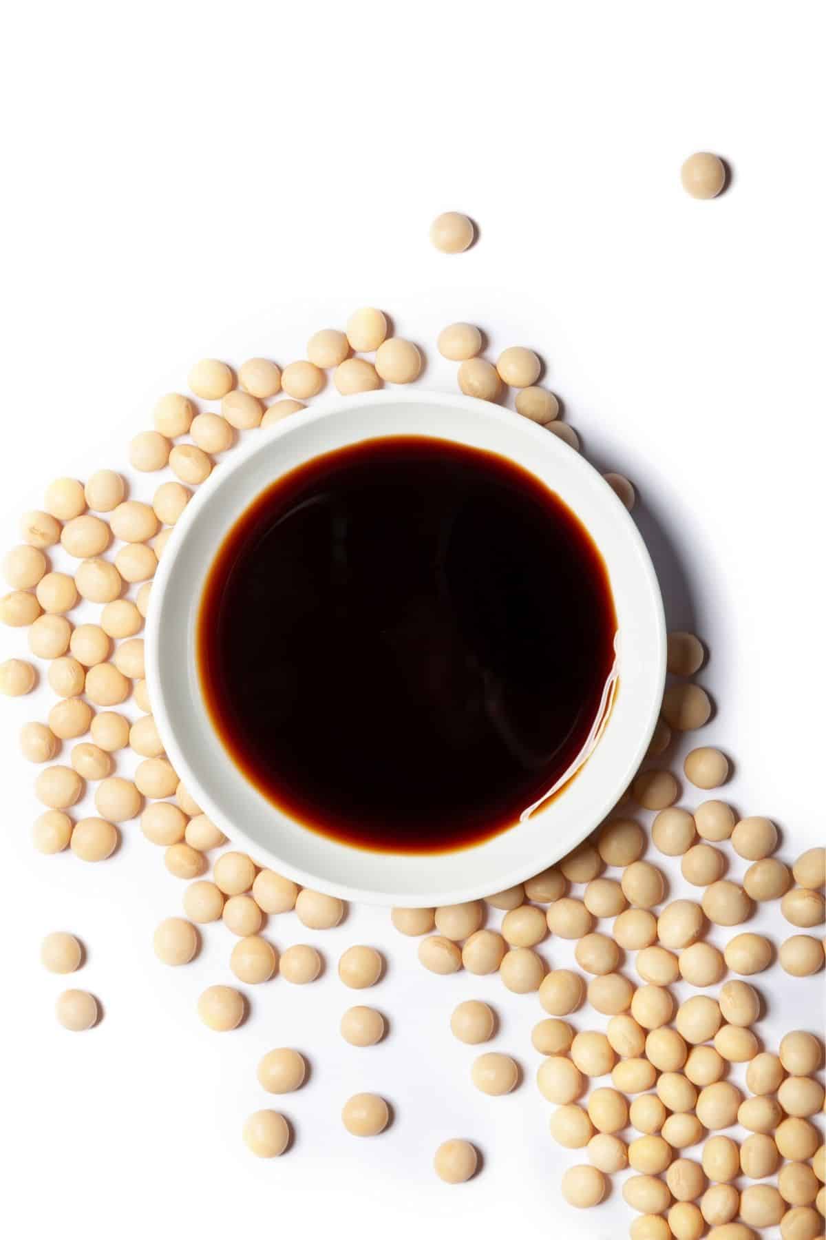 soy sauce in a white bowl.