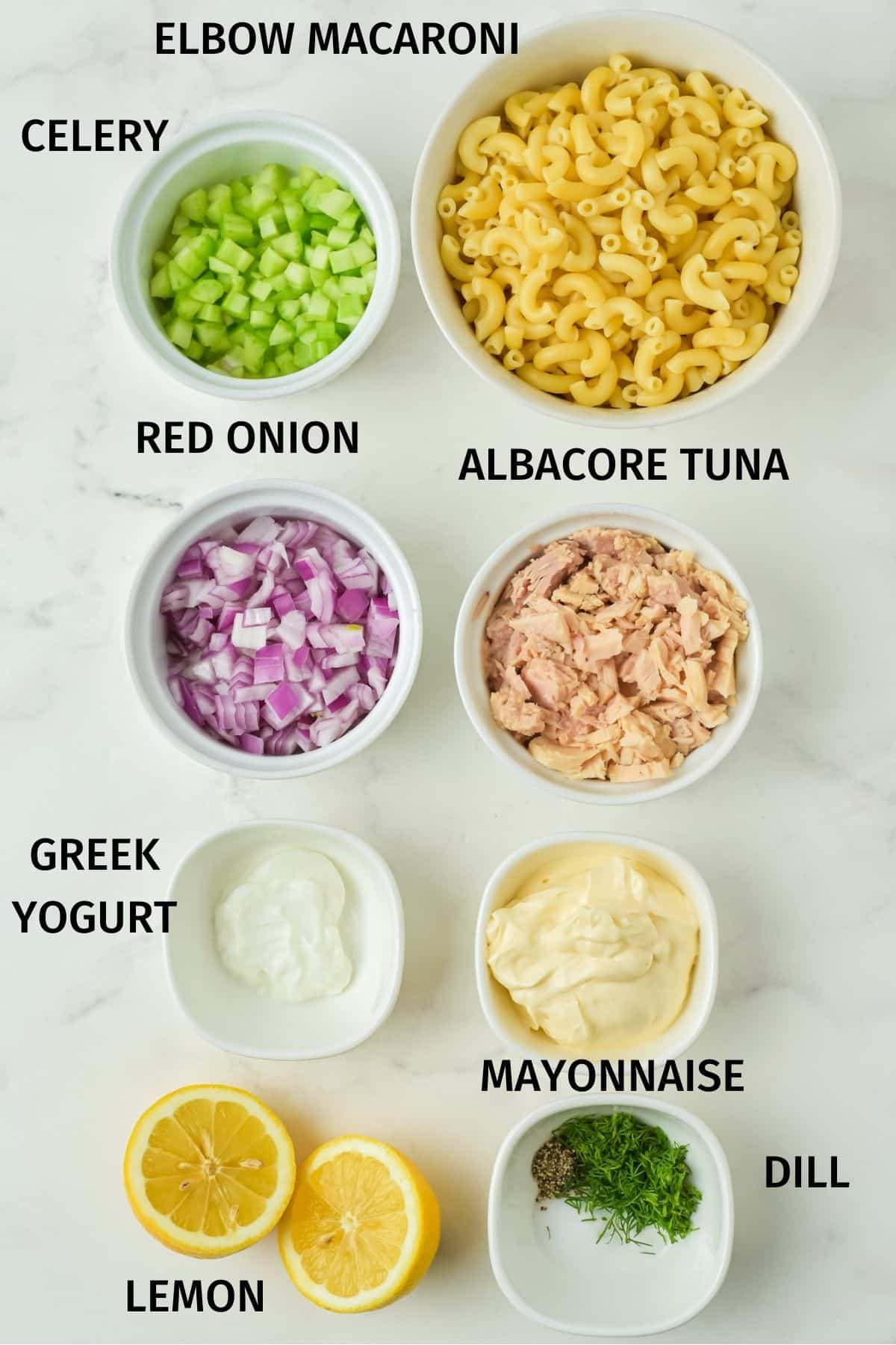 elbow macaroni, celery, red onion, tuna,  yogurt, mayonnaise, and dill.