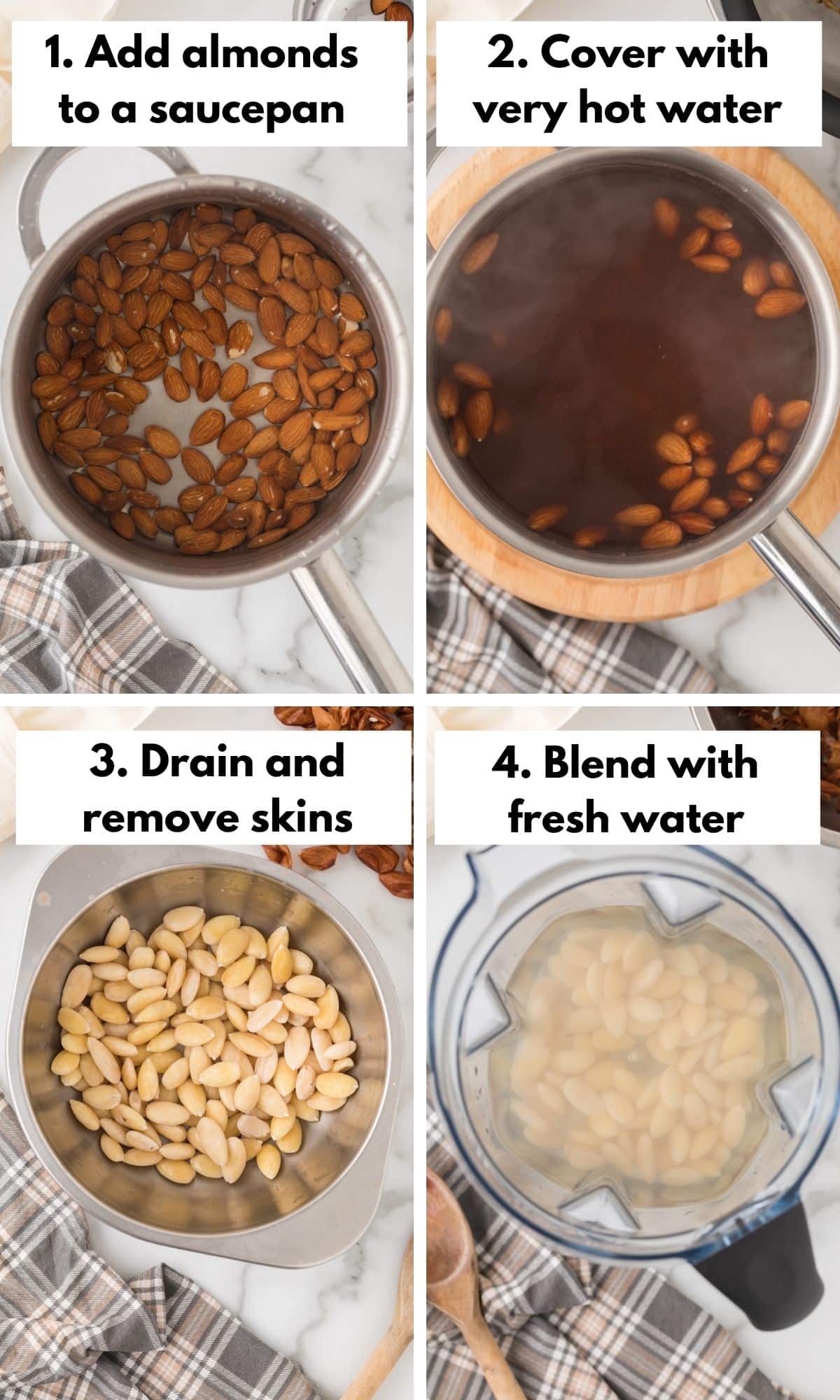 process photos for making homemade almond milk.