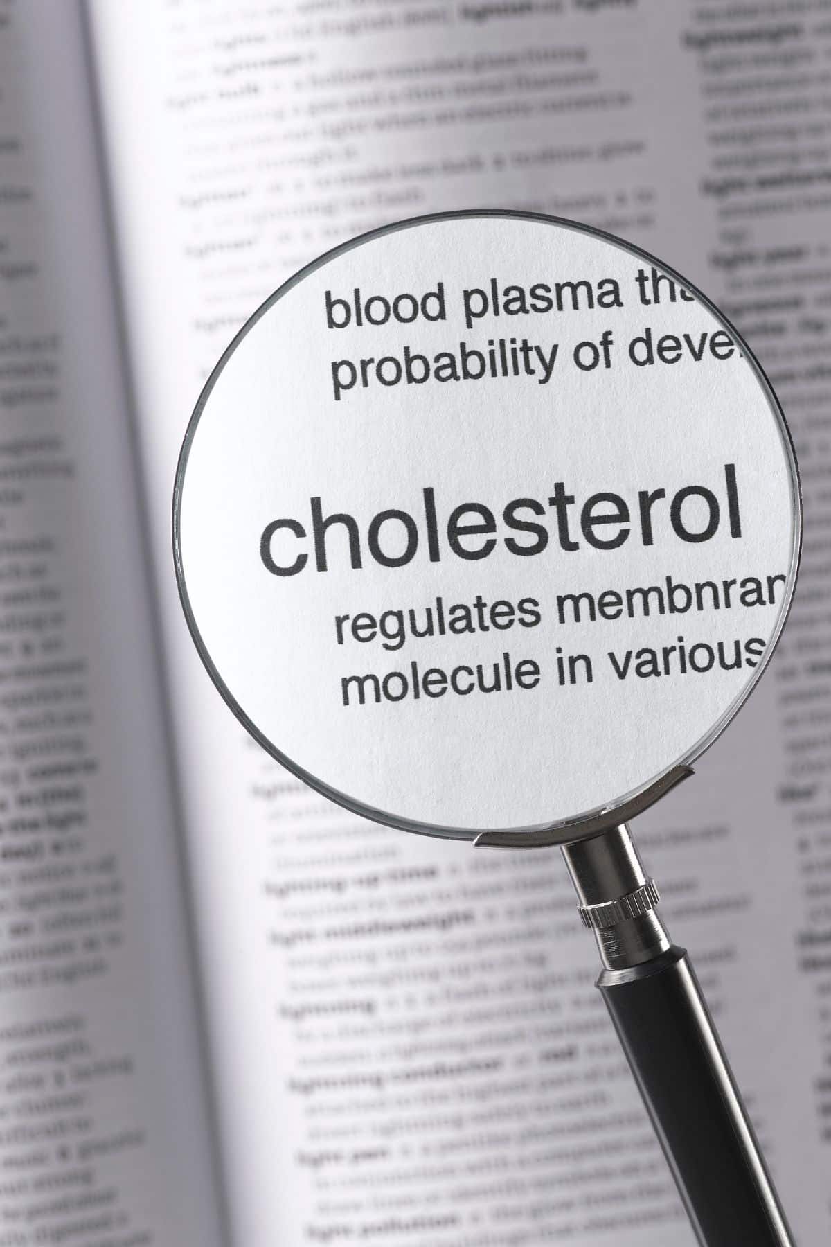 A magnifying glass looking at the word cholesterol 