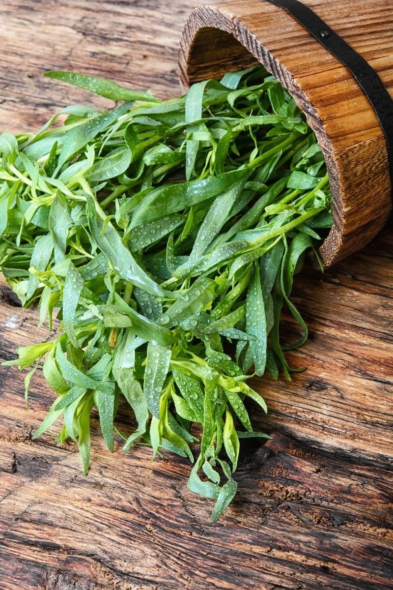 Sprigs of fresh tarragon on a cutting board.