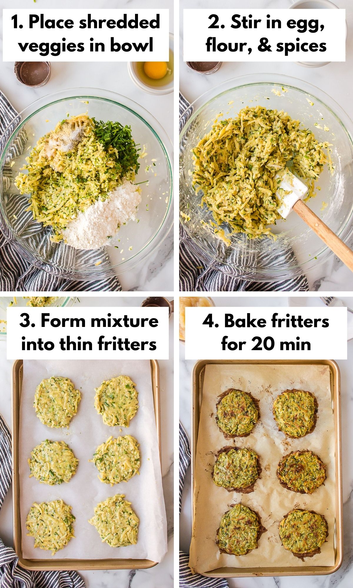 how to make zucchini fritters in four process photos made into a collage.