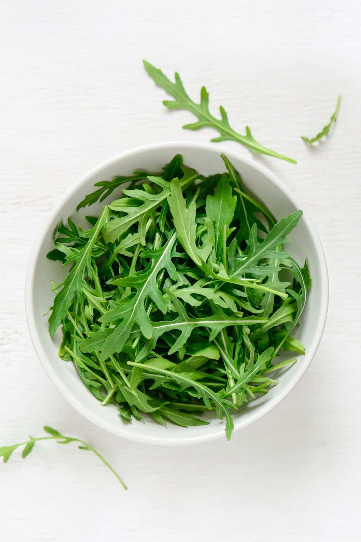 bowl of fresh arugula leaves.