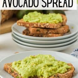 Dairy-free avocado spread on two plates of toast.