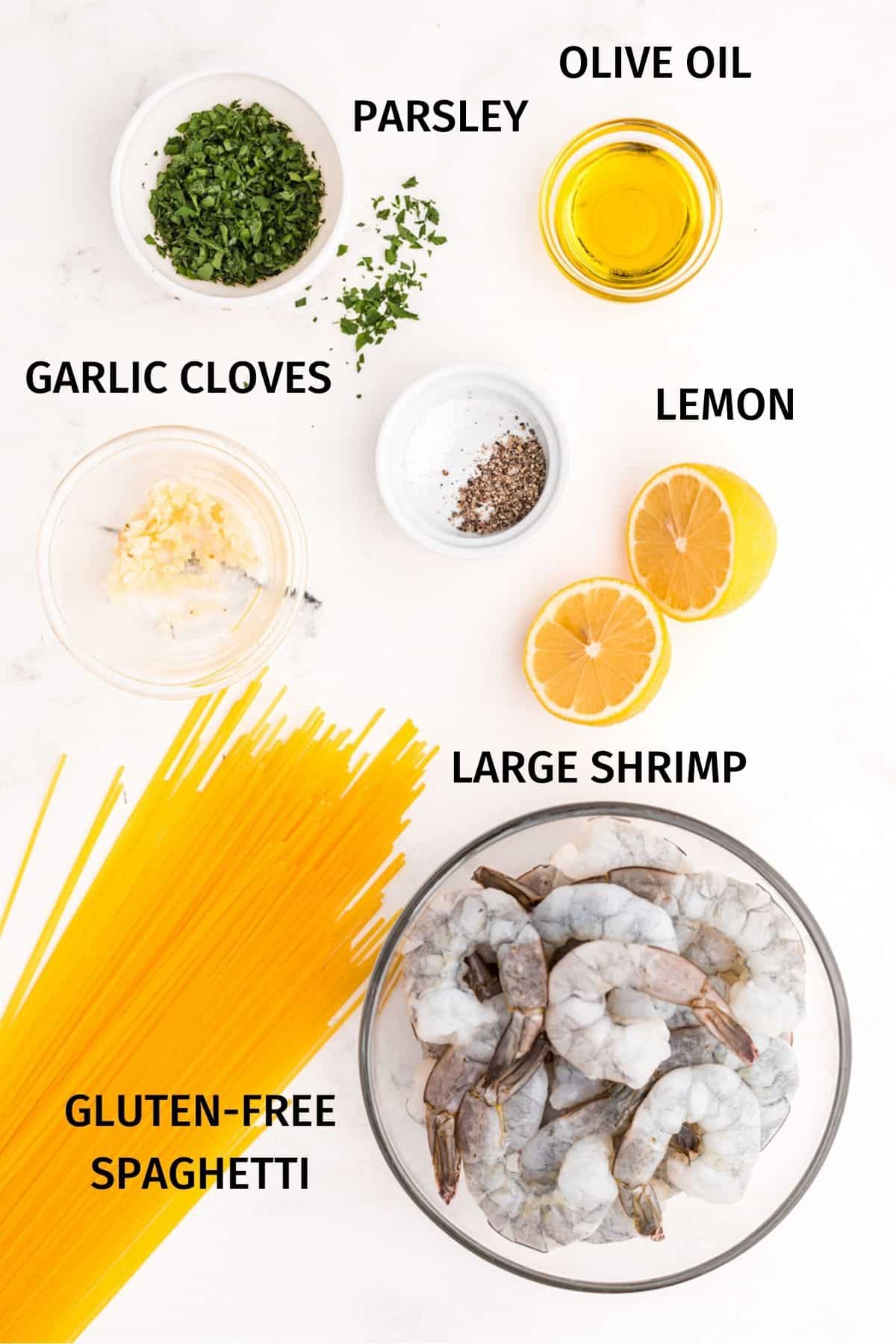 olive oil, parsley, salt, lemon, garlic, shrimp, and noodles.