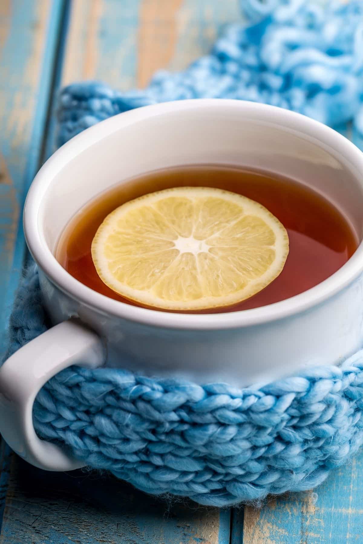hot lemon tea on table.