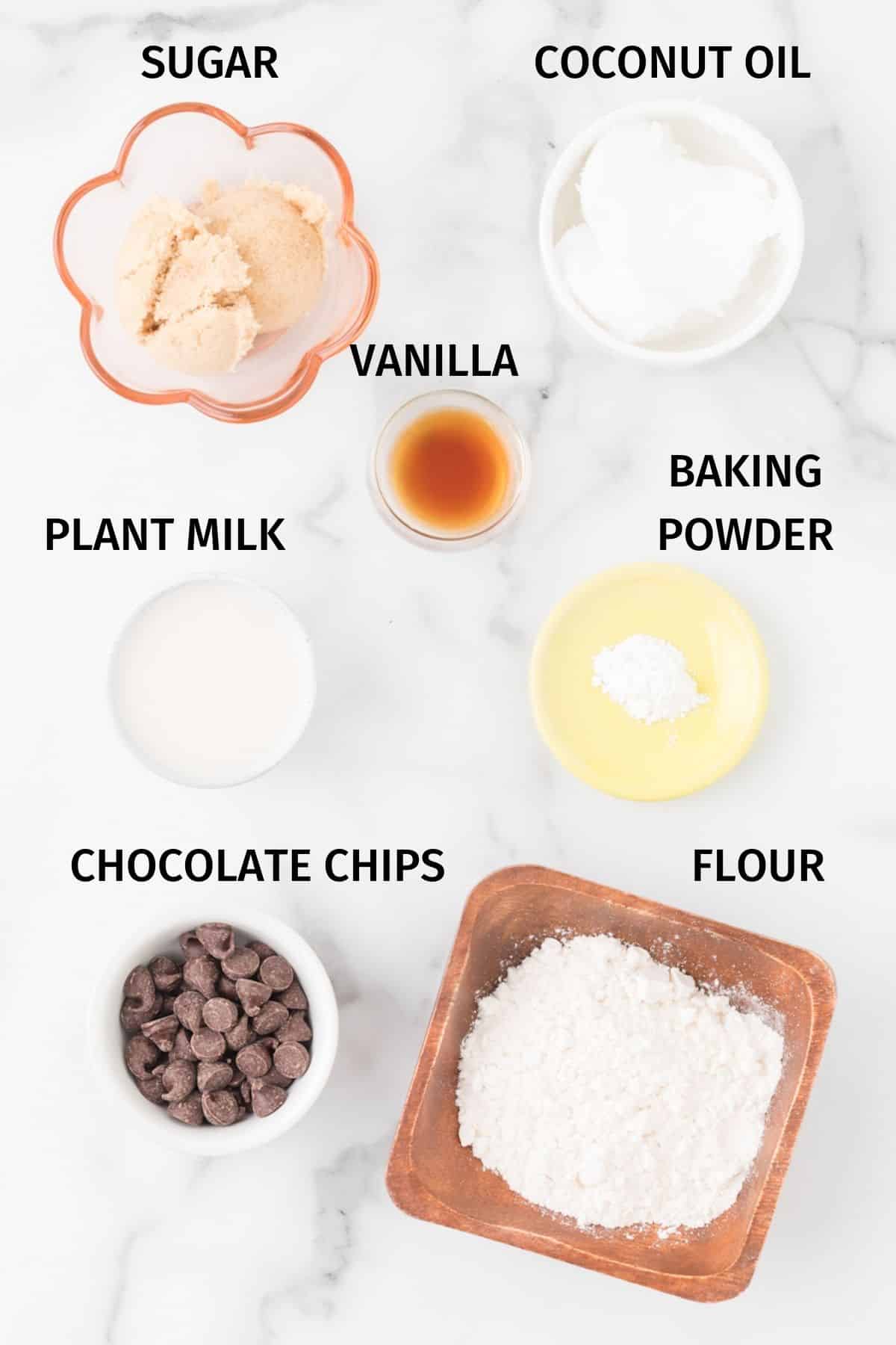 photo with labeled ingredients for vegan mug cake.