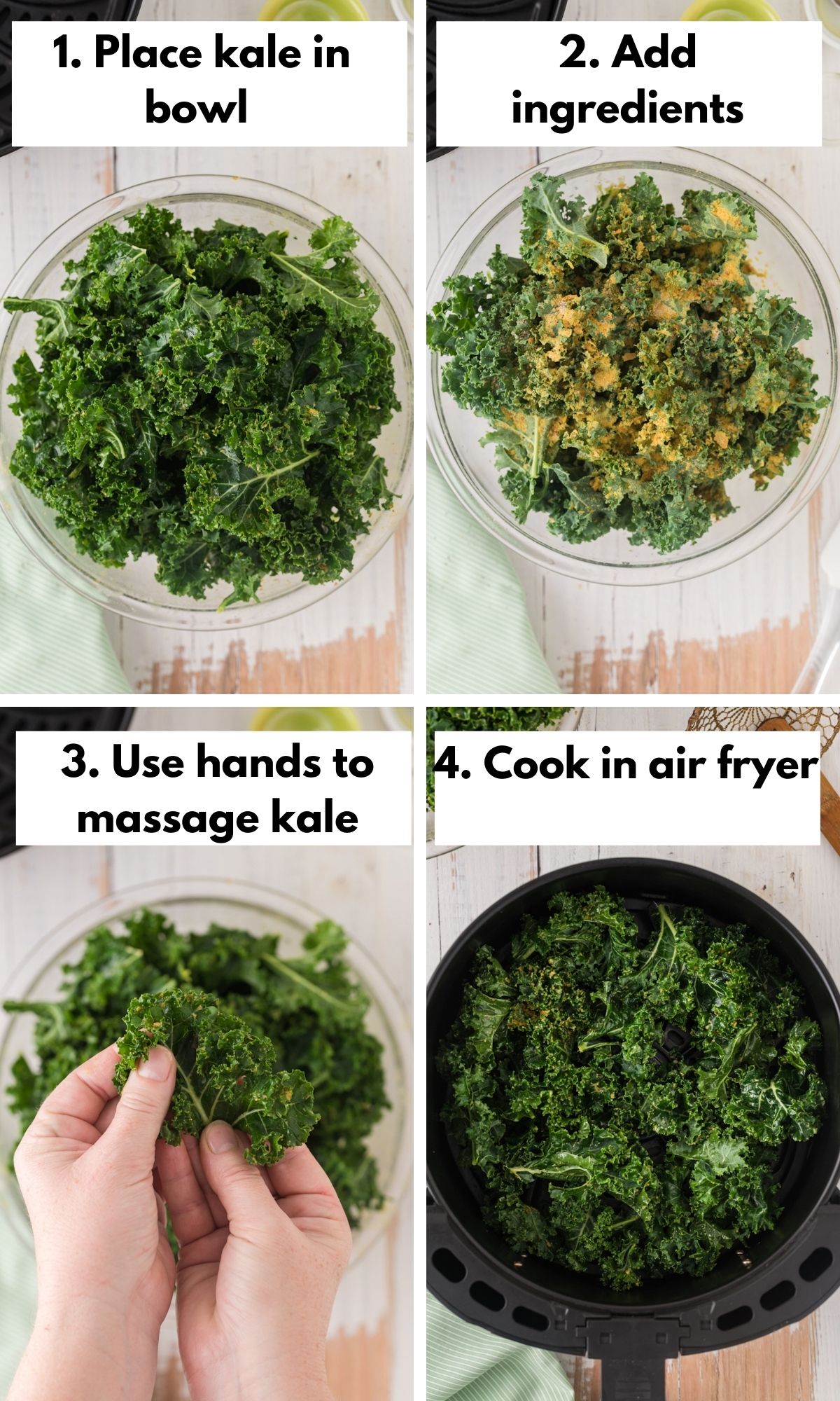 process photos for how to make air fryer kale chips.