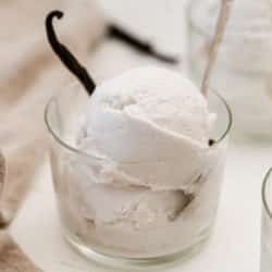 Homemade vanilla ice cream and vanilla bean in a glass cup.