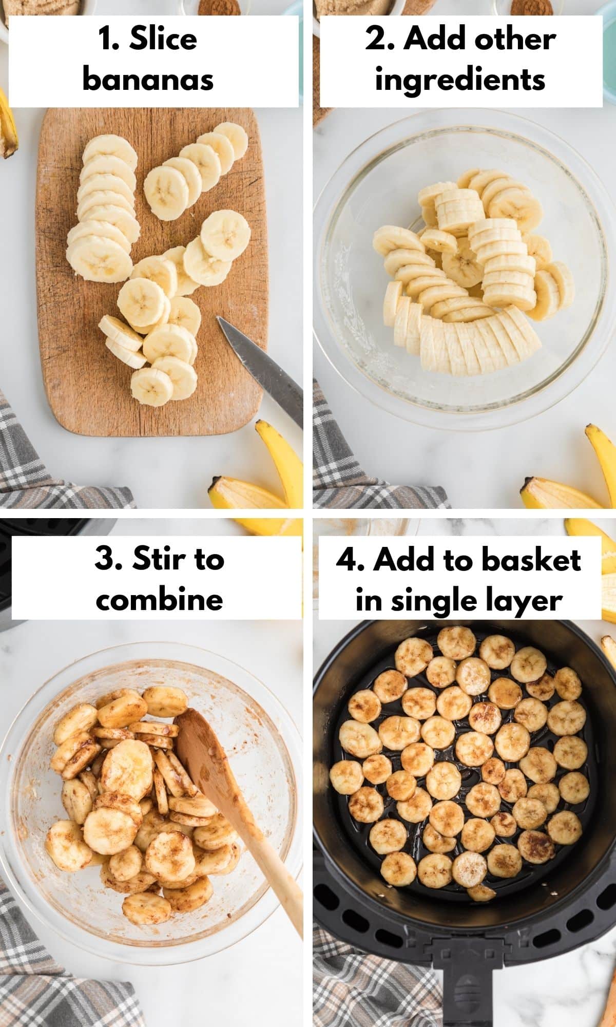 Process collage of turning fresh bananas into air fryer banana chips.