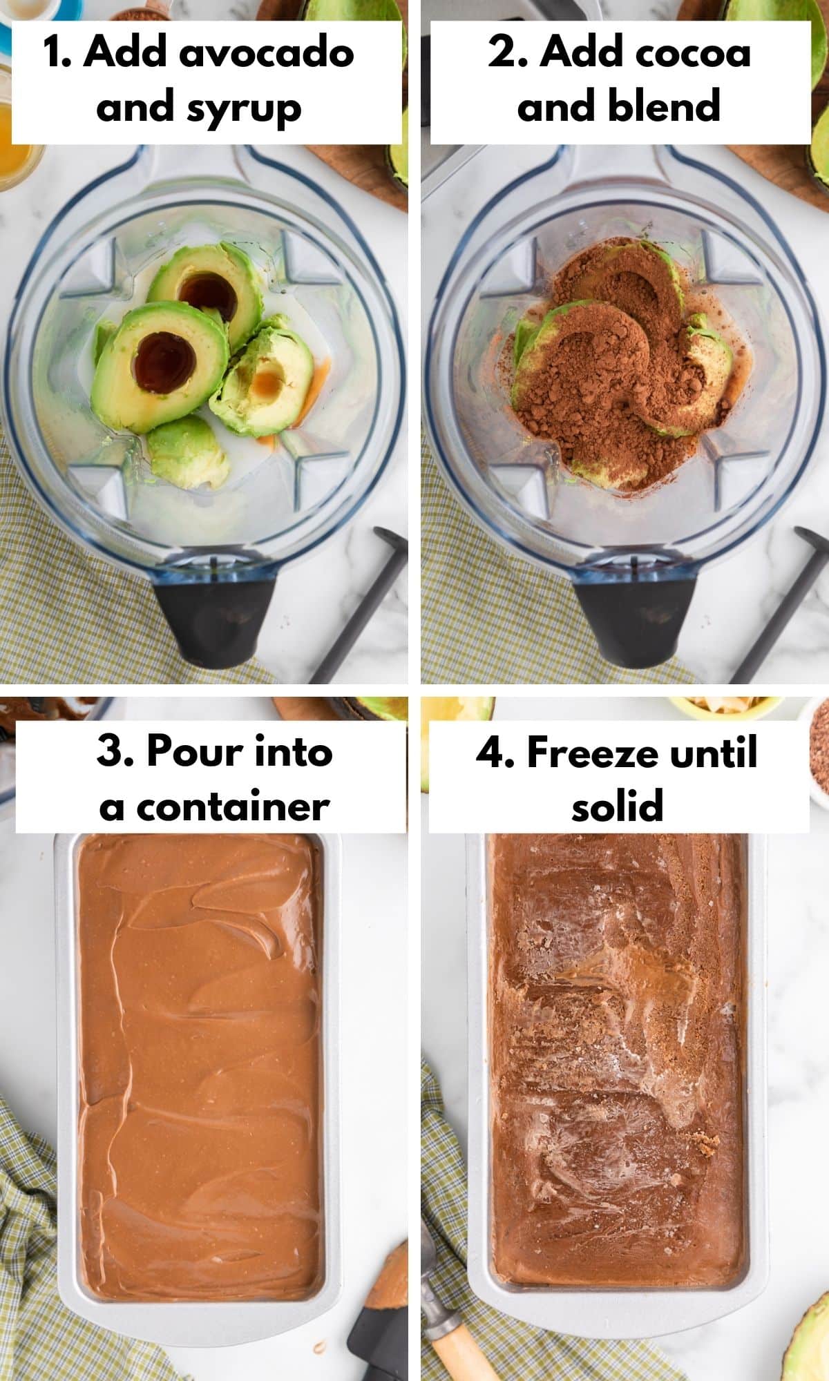 Process collage of making avocado ice cream in a blender.