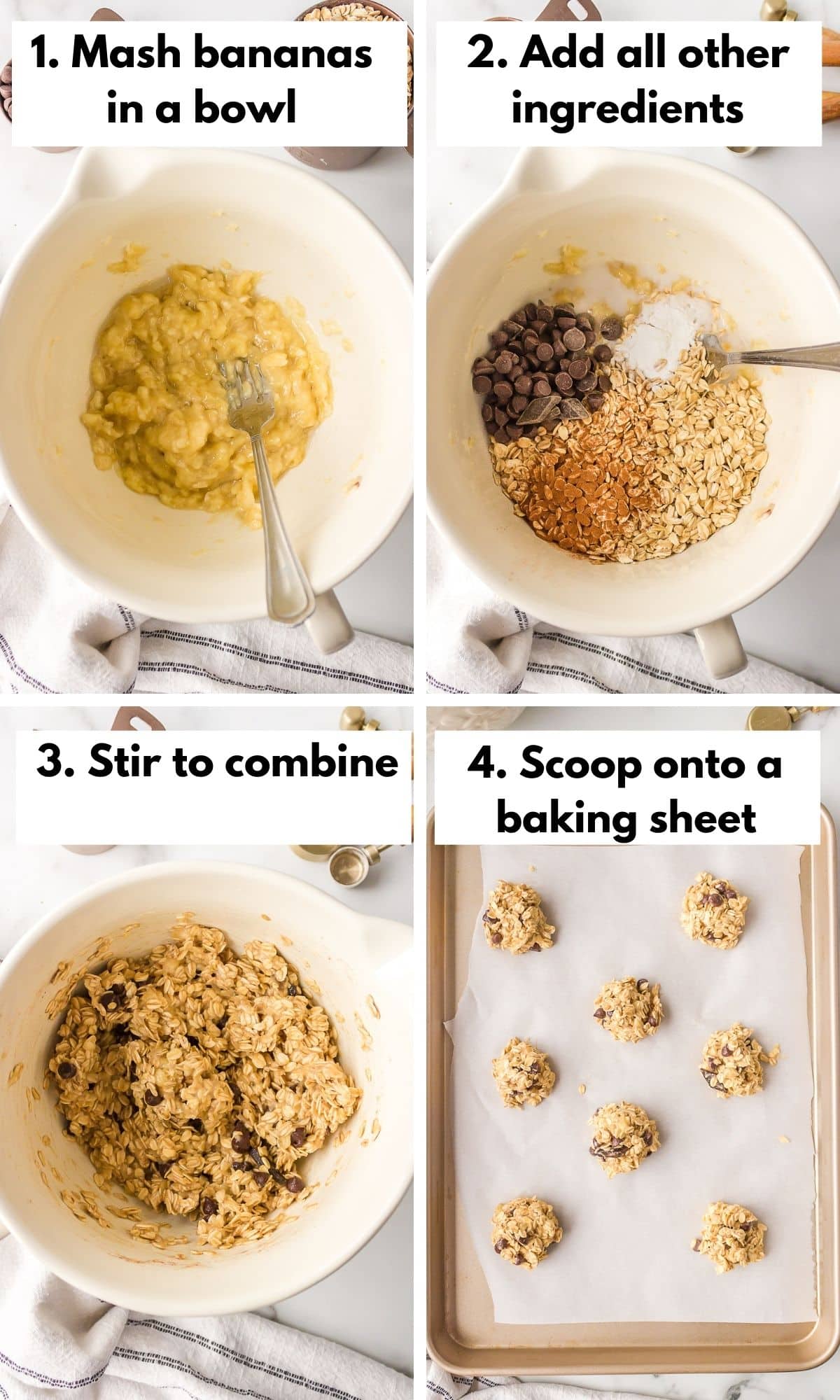 Process collage of making banana oat cookies.