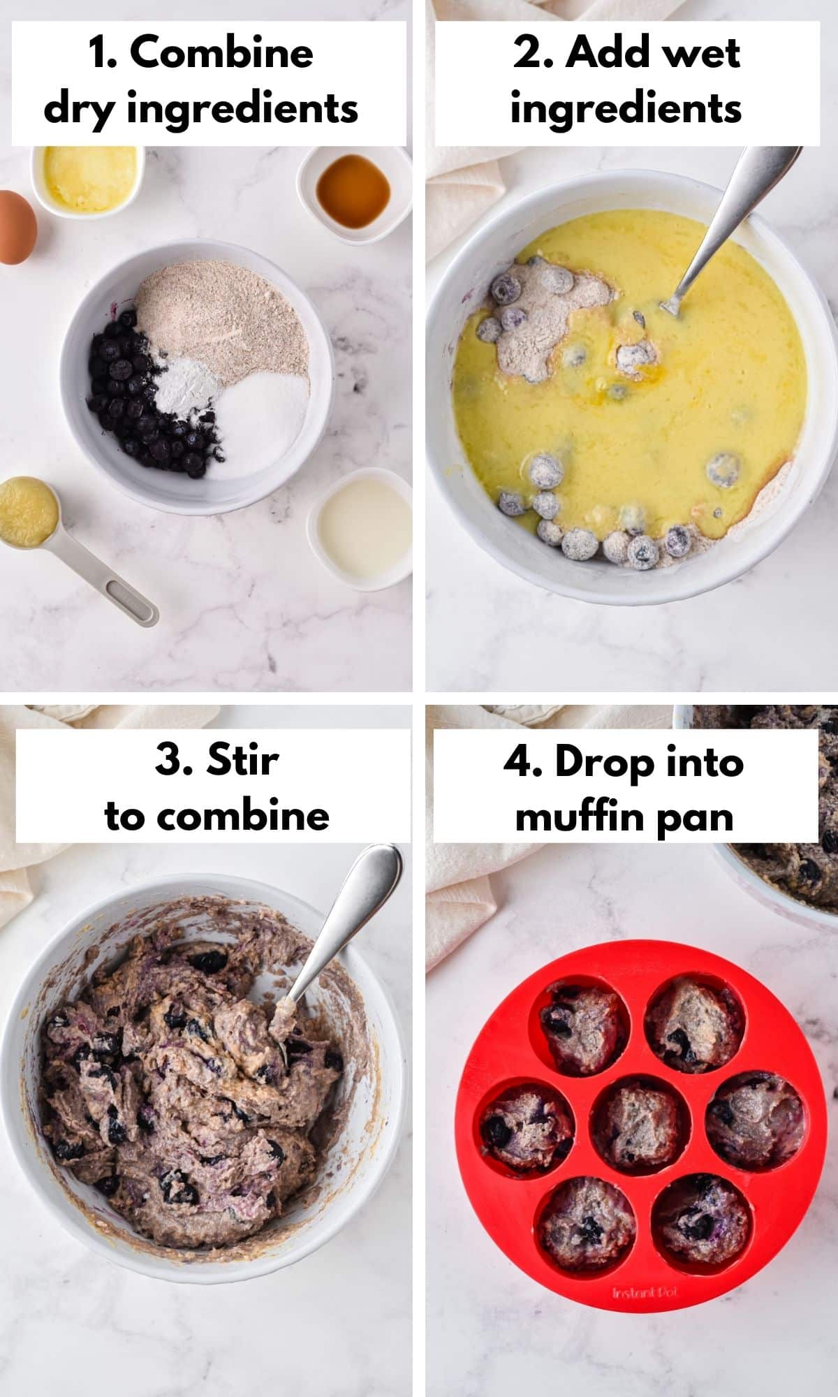 Step-by-step collage of mixing up blueberry muffins and putting in a mold.
