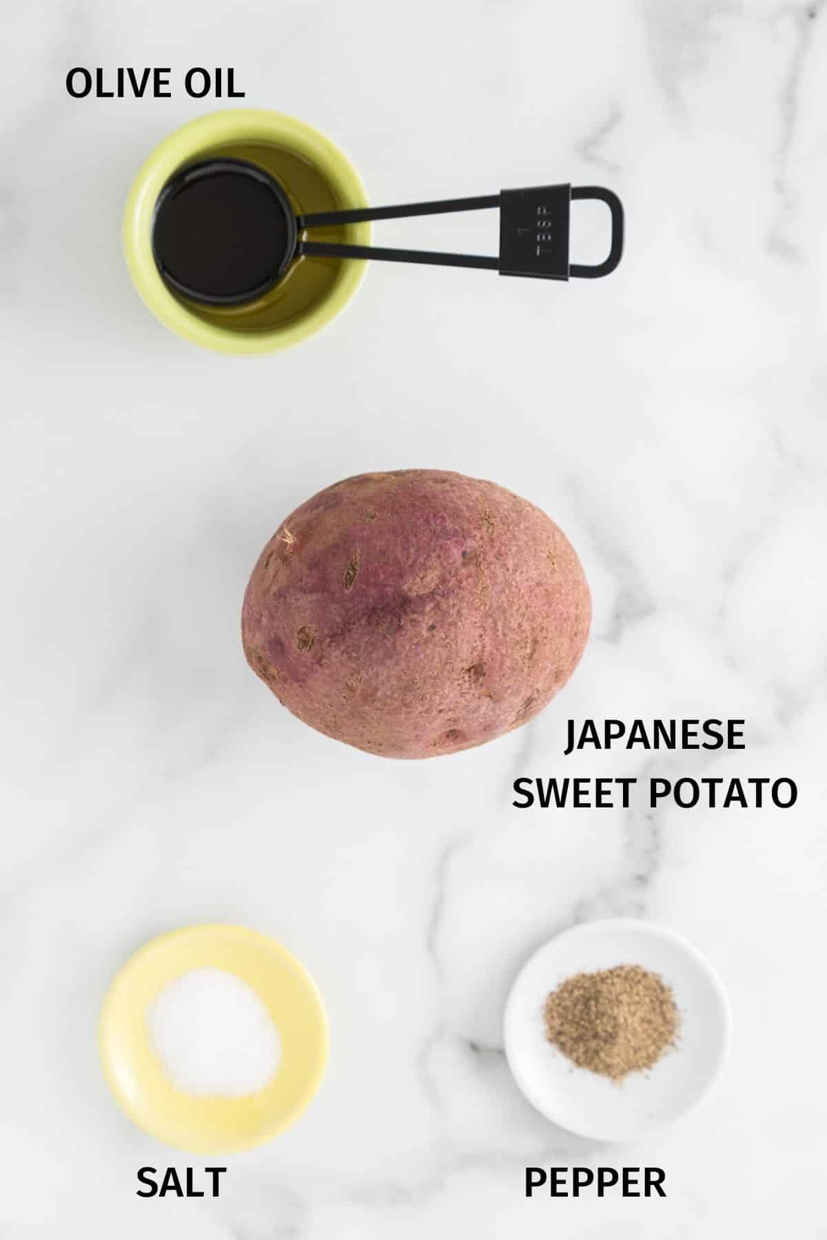 Ingredients to make sweet potato fries on a white surface.