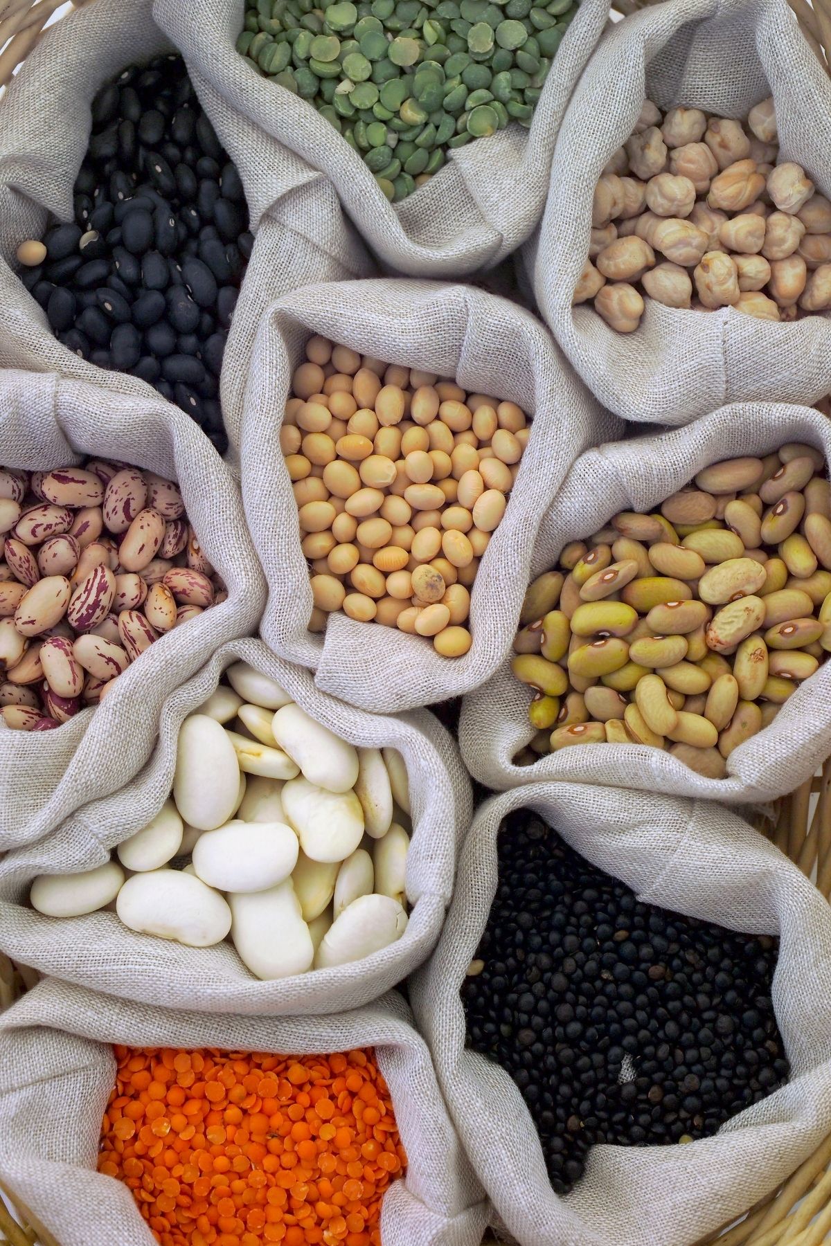 Bags of different types of legumes.