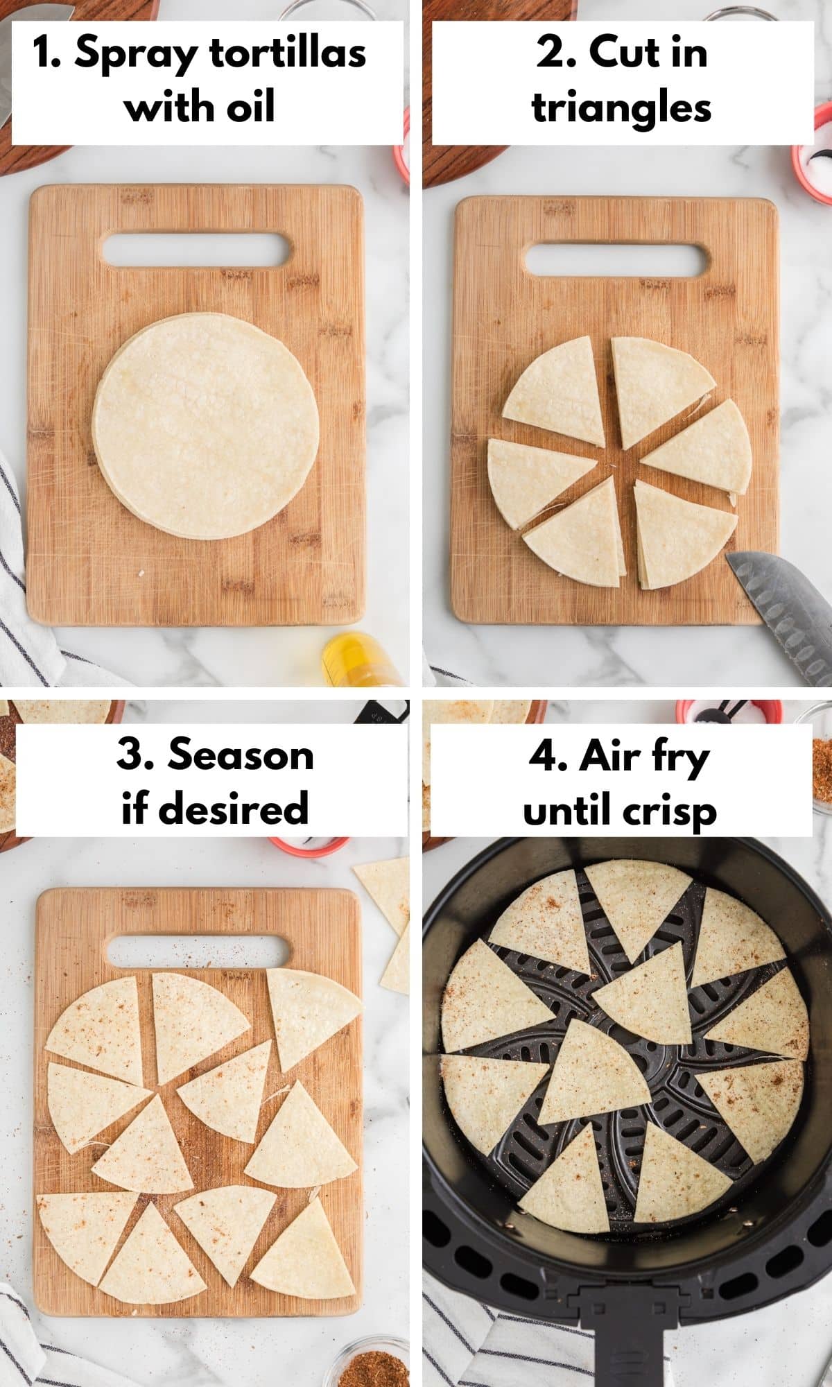 Step-by-step collage of cutting and seasoning tortillas to make air fryer chips.