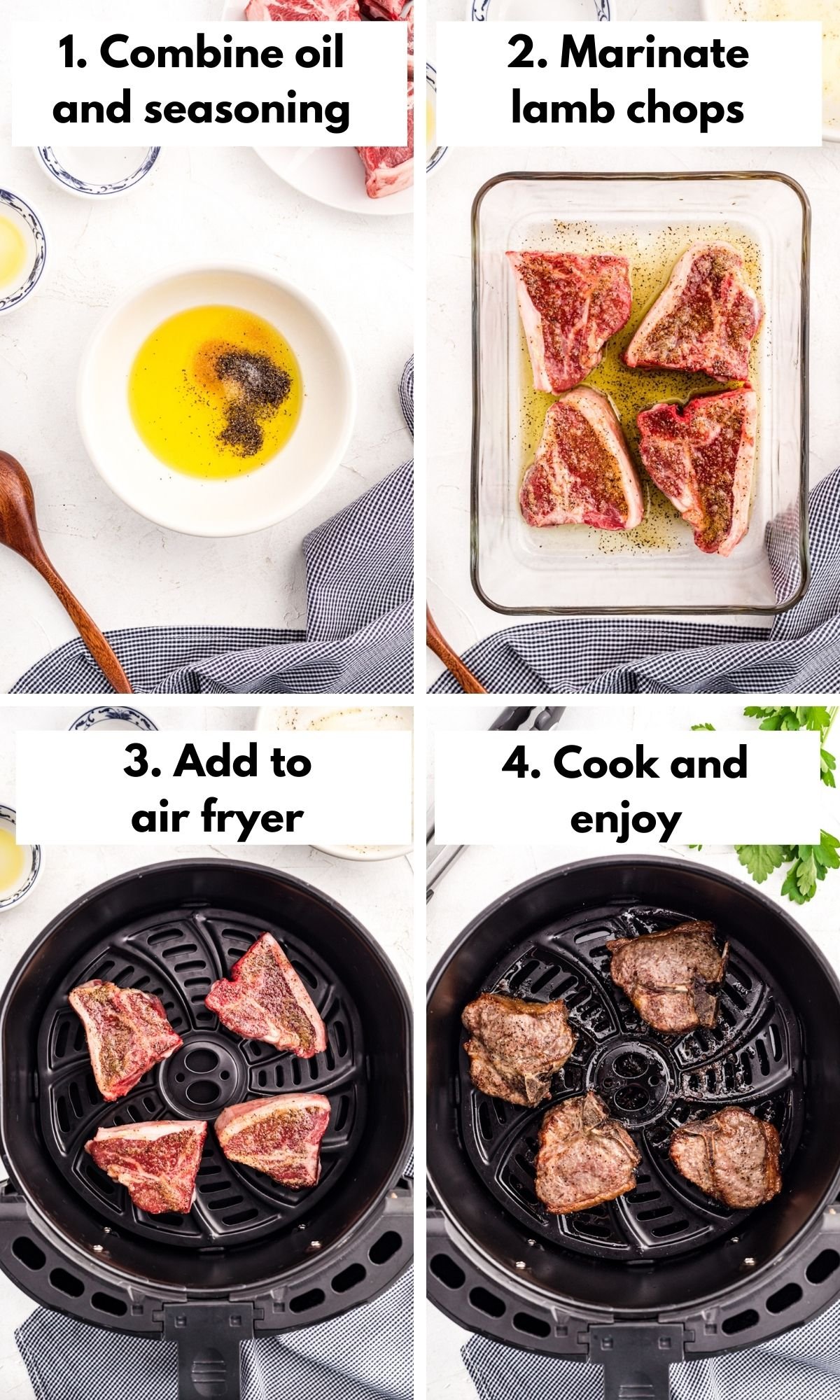 Step by step photos of cooking lamb chops in the air fryer.