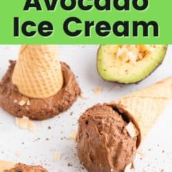 Chocolate avocado ice cream in sugar cones on a white surface.