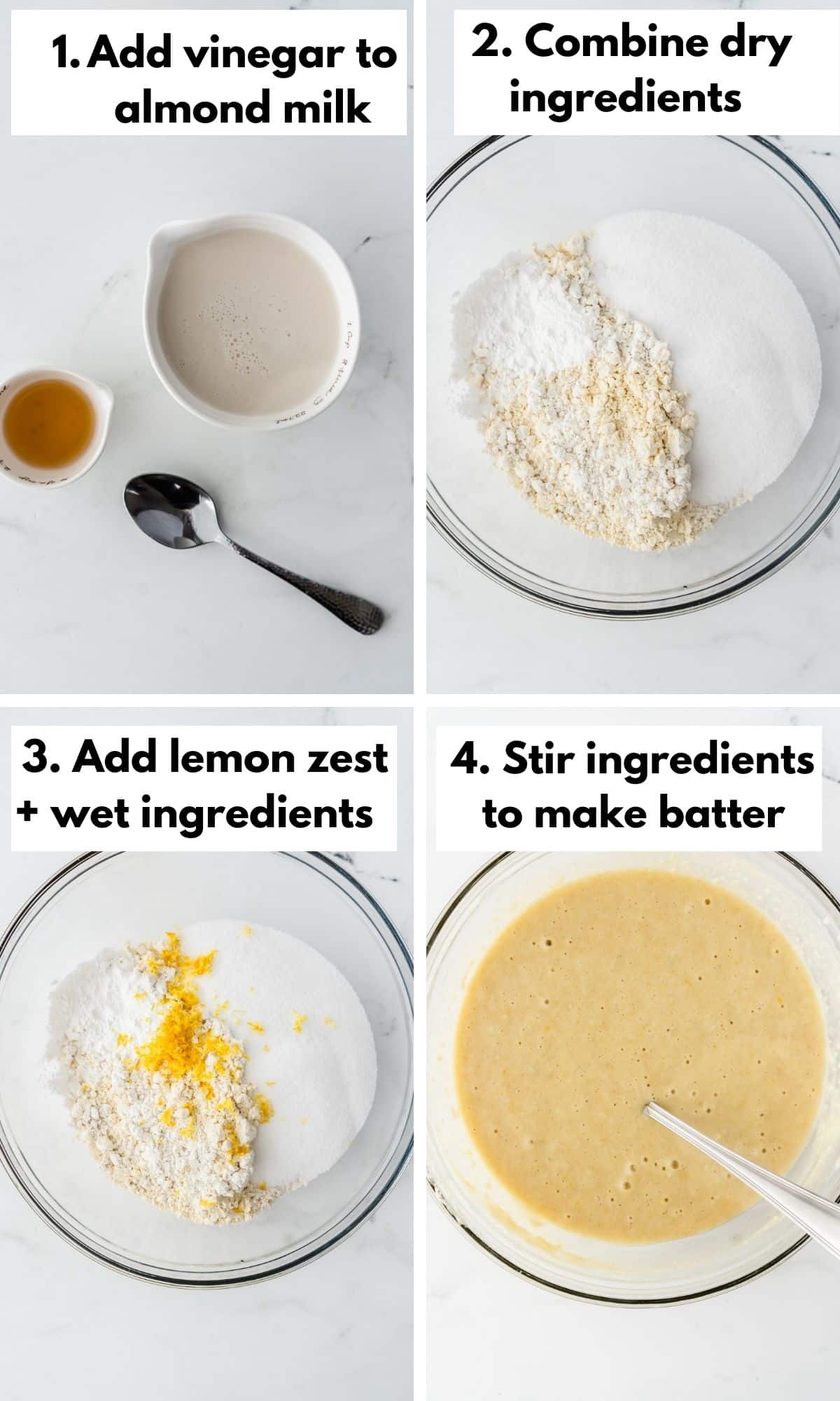 labeled process shots for making gluten free lemon cake batter.