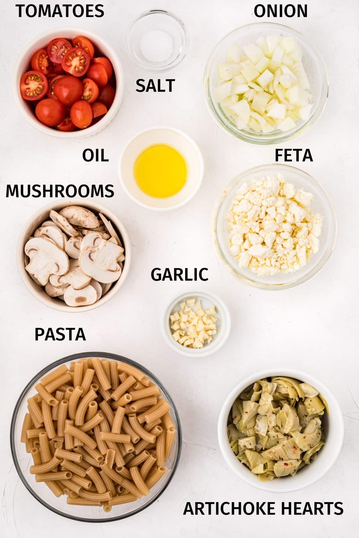 photo with ingredients for gluten-free pasta salad.