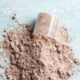 Close up of protein powder on a counter.