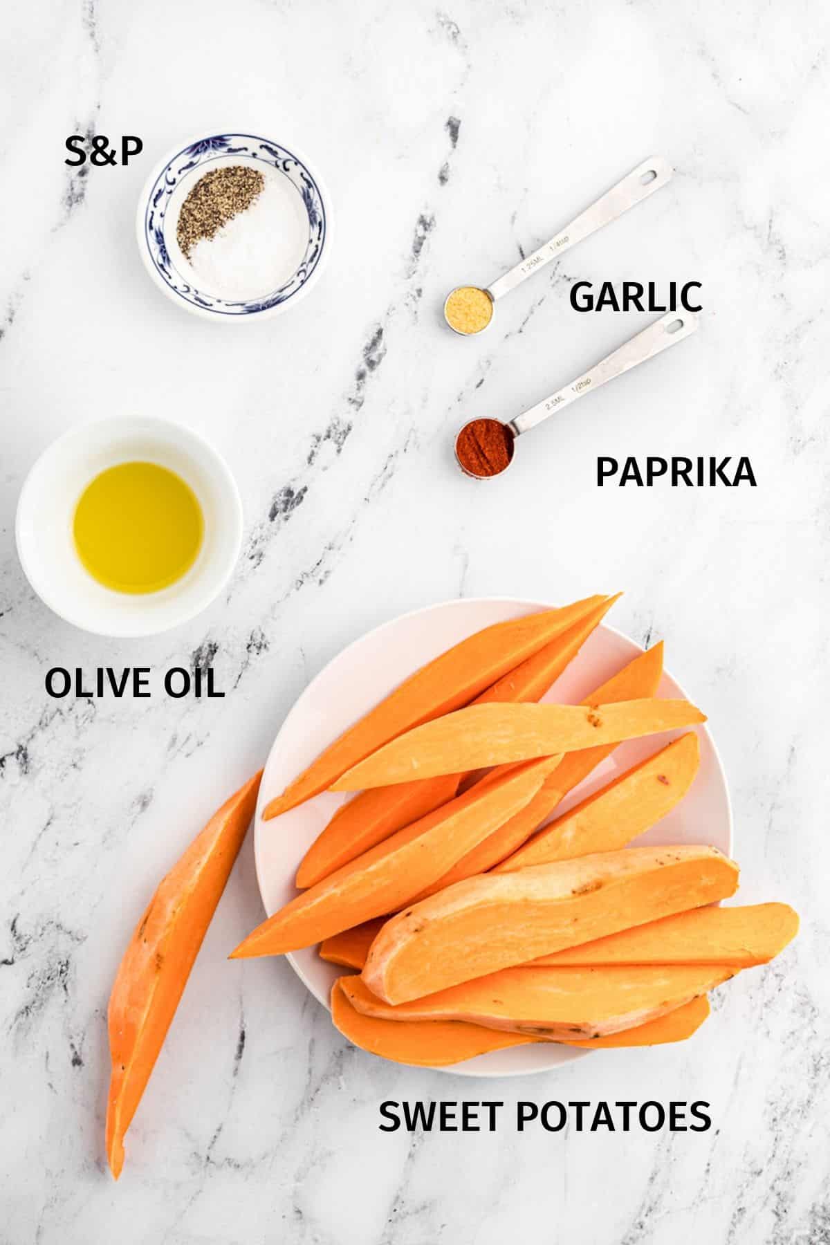 Ingredients to make air fry sweet potato wedges in bowls.