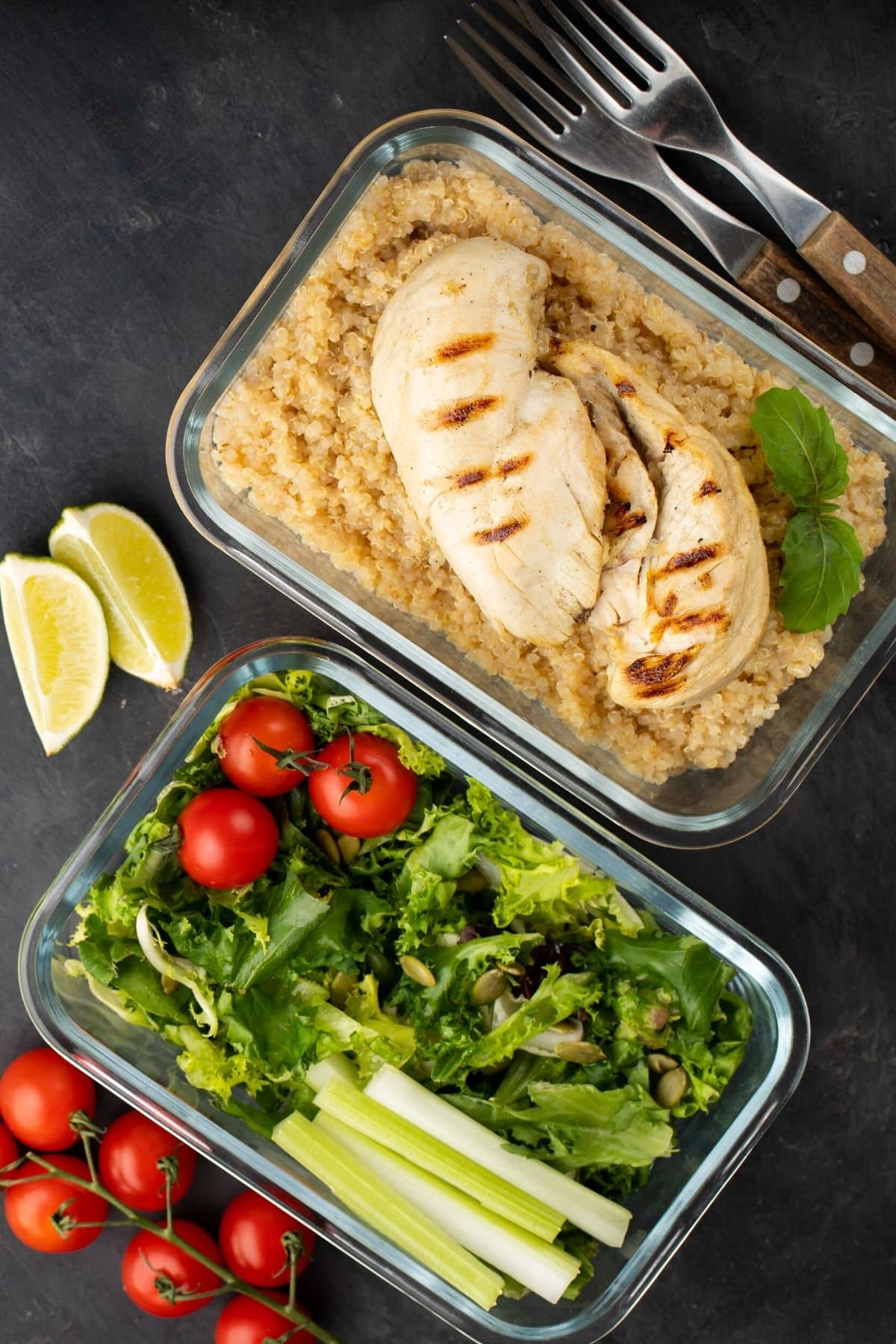 two glass bowls with meal prep food.