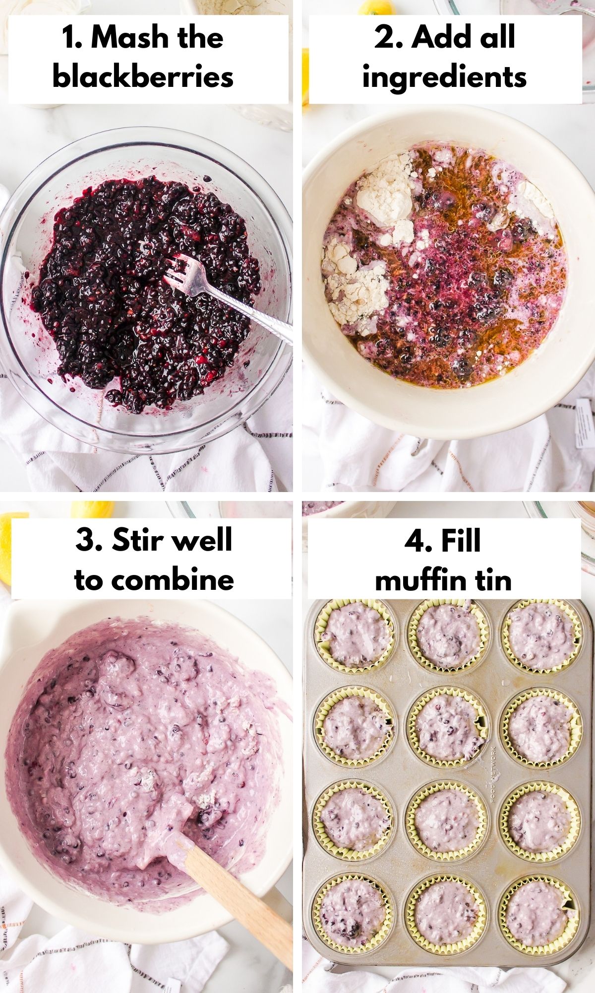 Process collage of mixing up a batch of vegan blackberry muffins.
