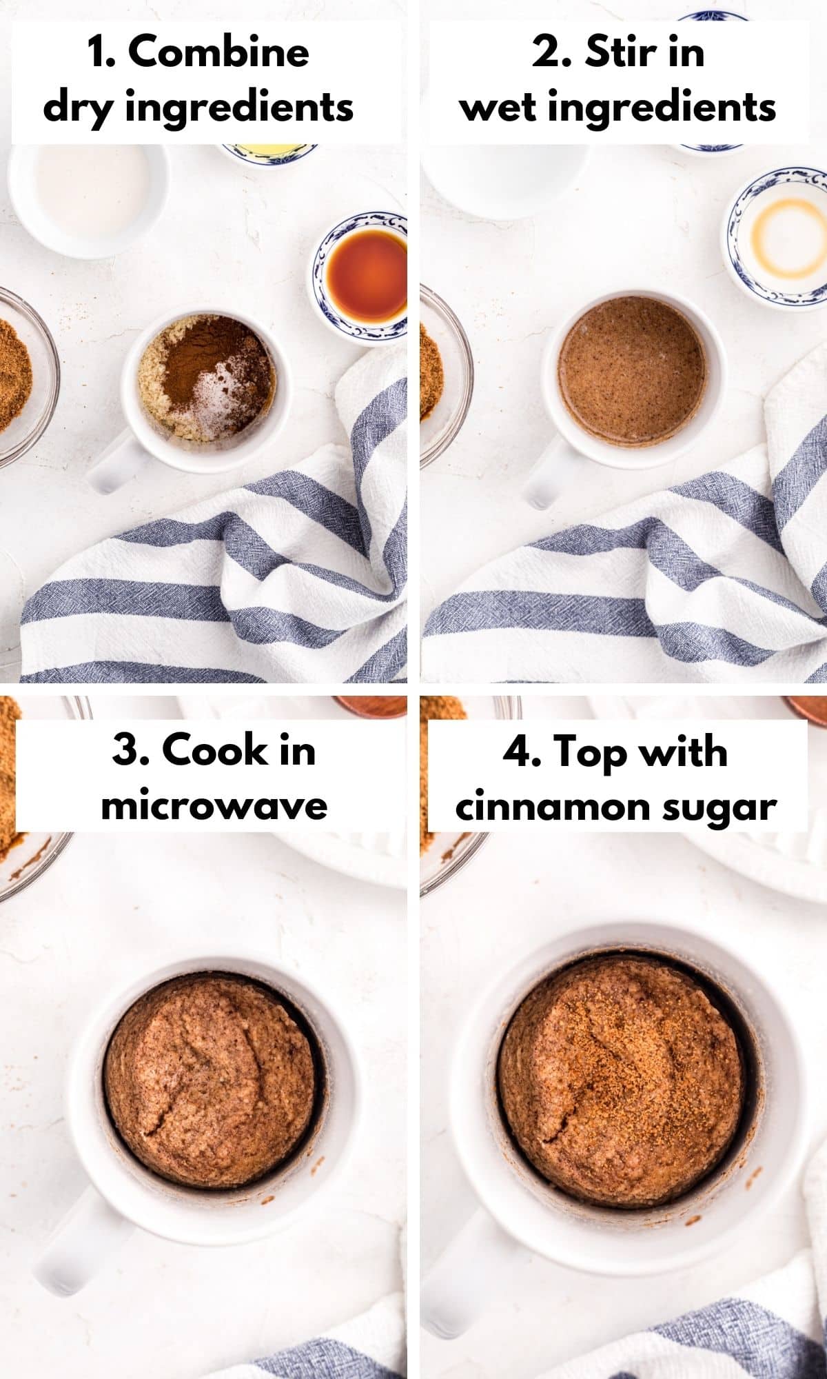 Step by step photos of making a snickerdoodle mug cake.
