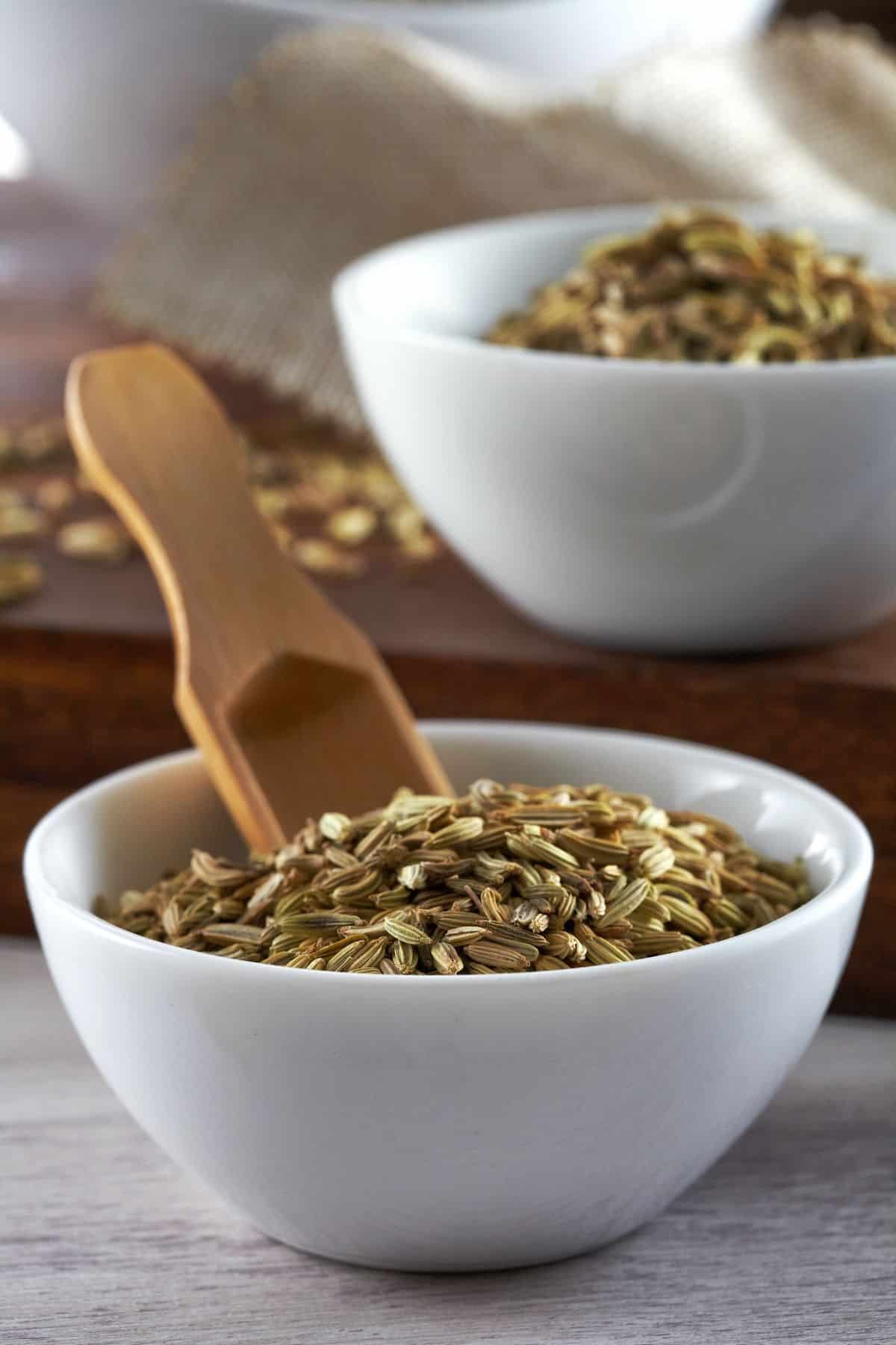 A bowl with dried Fennel and a wooden spoon.