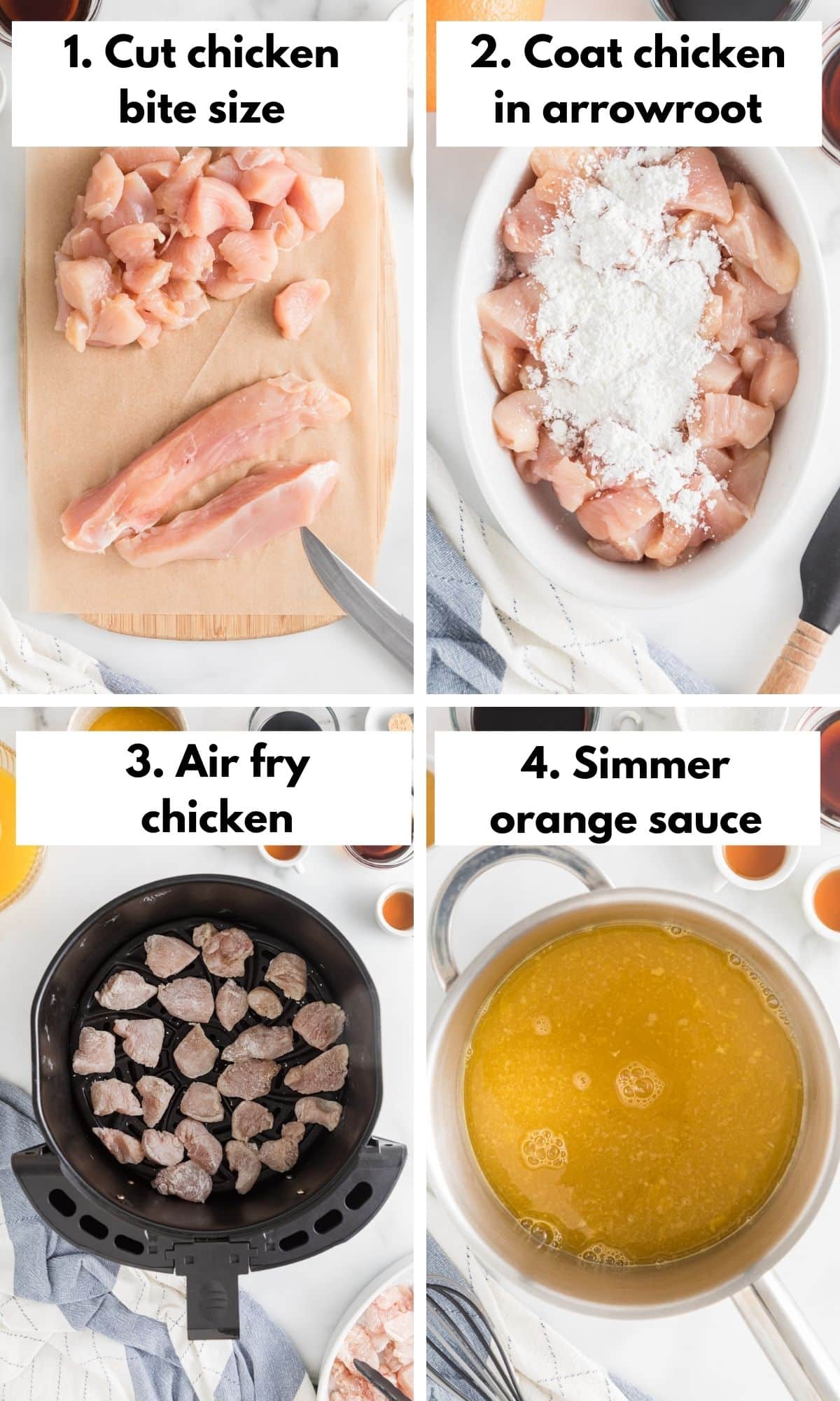 Collage of steps for making air fryer orange chicken.