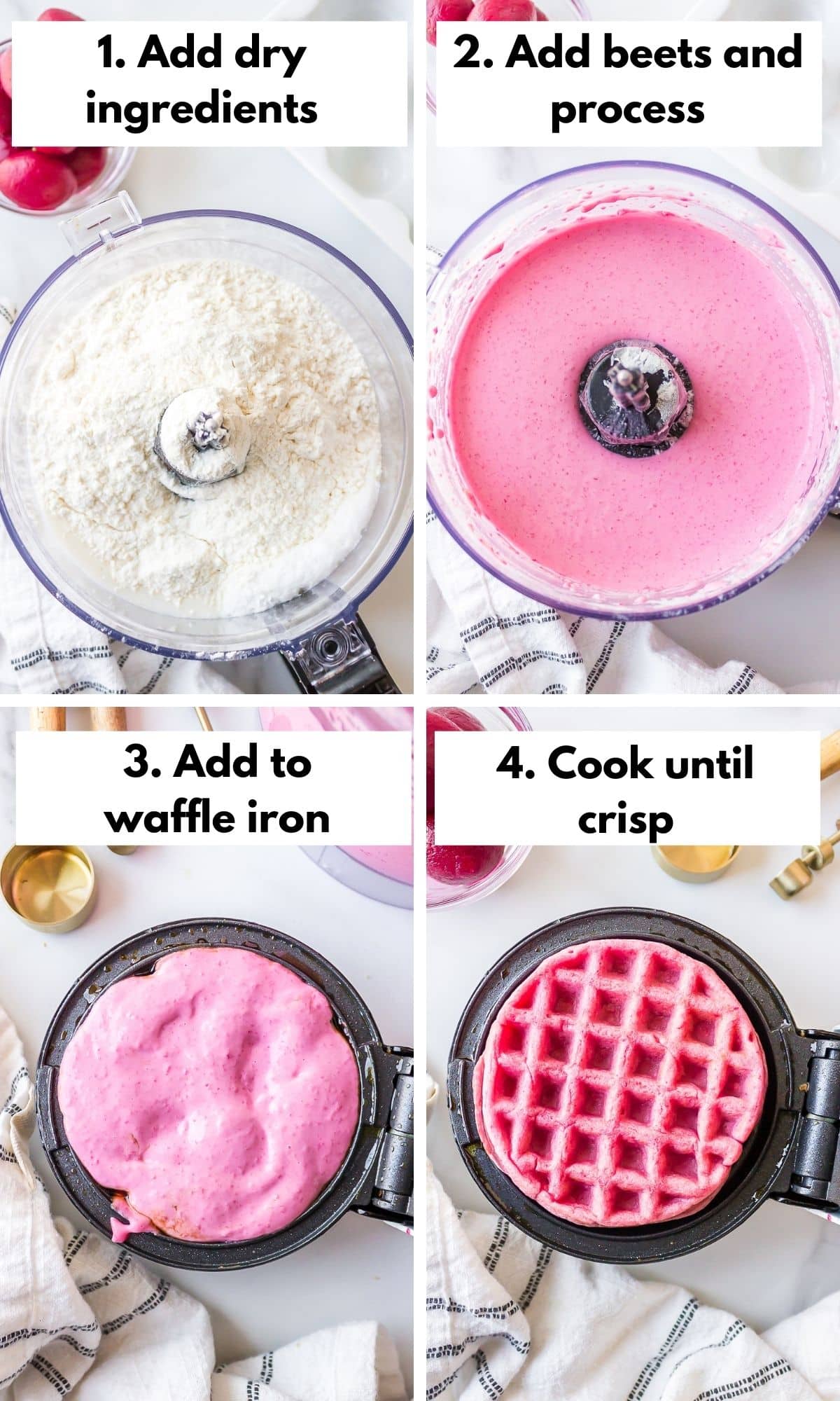 Process collage for making pink waffles in a food processor and waffle iron.