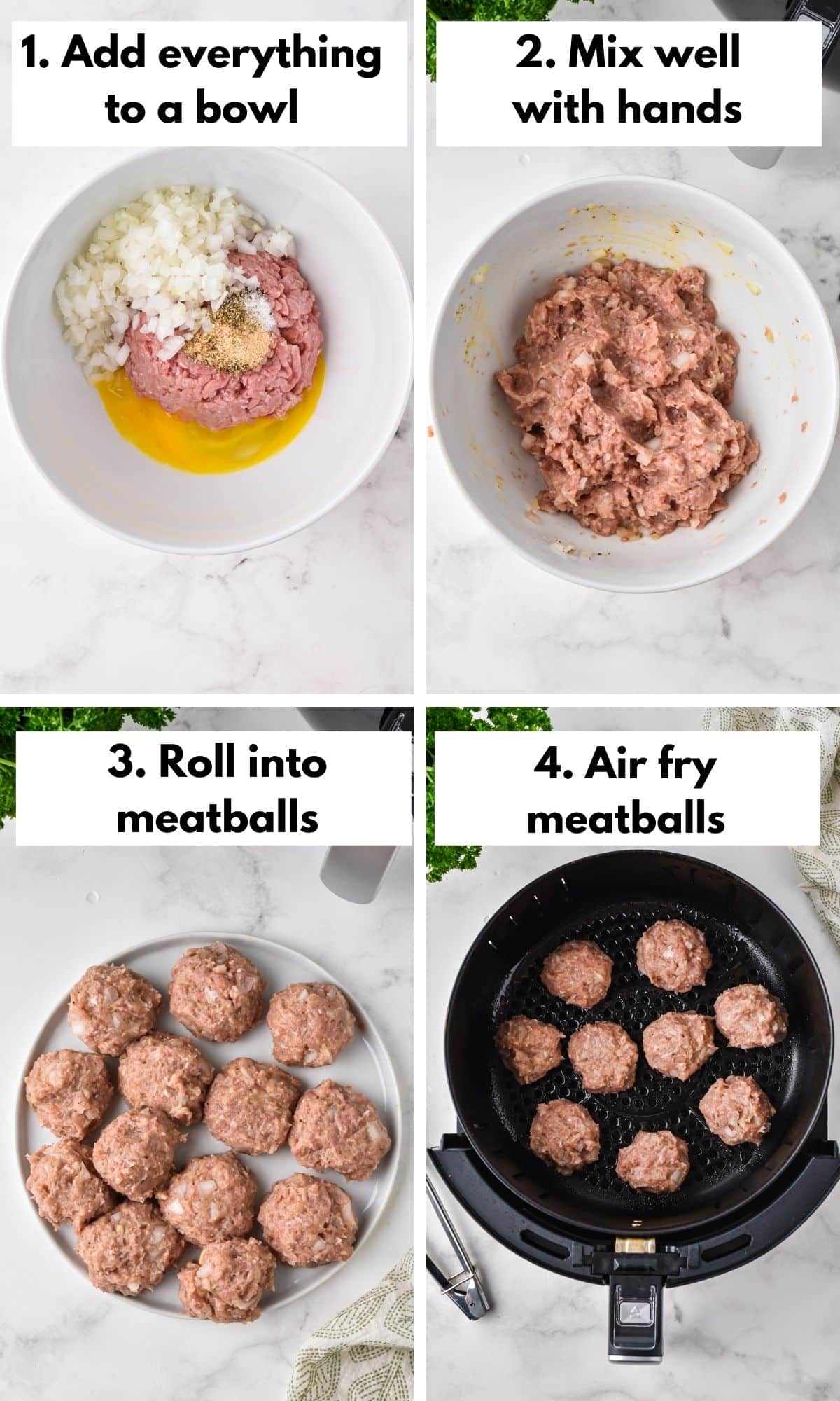 Process shots for mixing and cooking turkey meatballs.