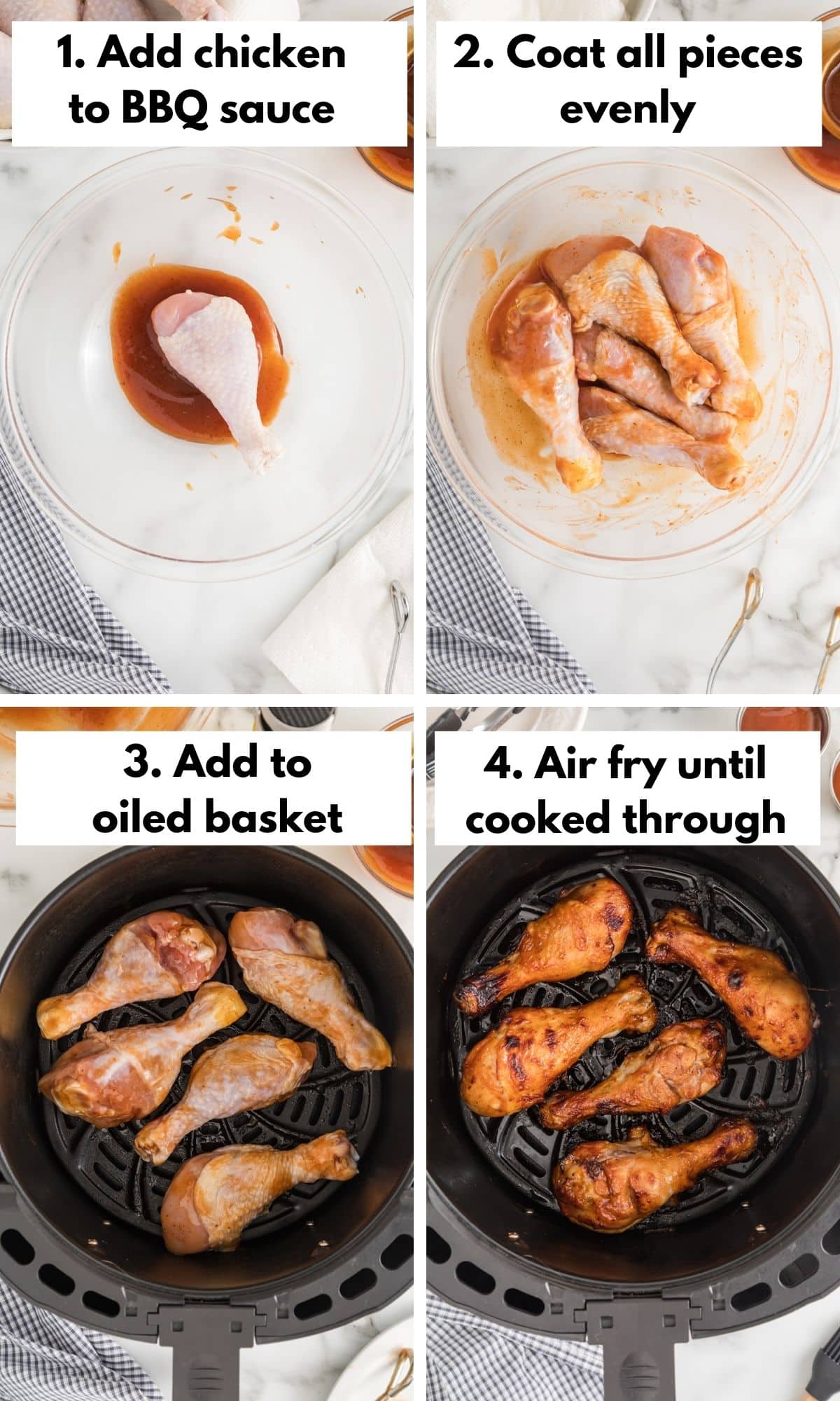 Process collage of coating drumsticks in BBQ and placing in an air fryer.